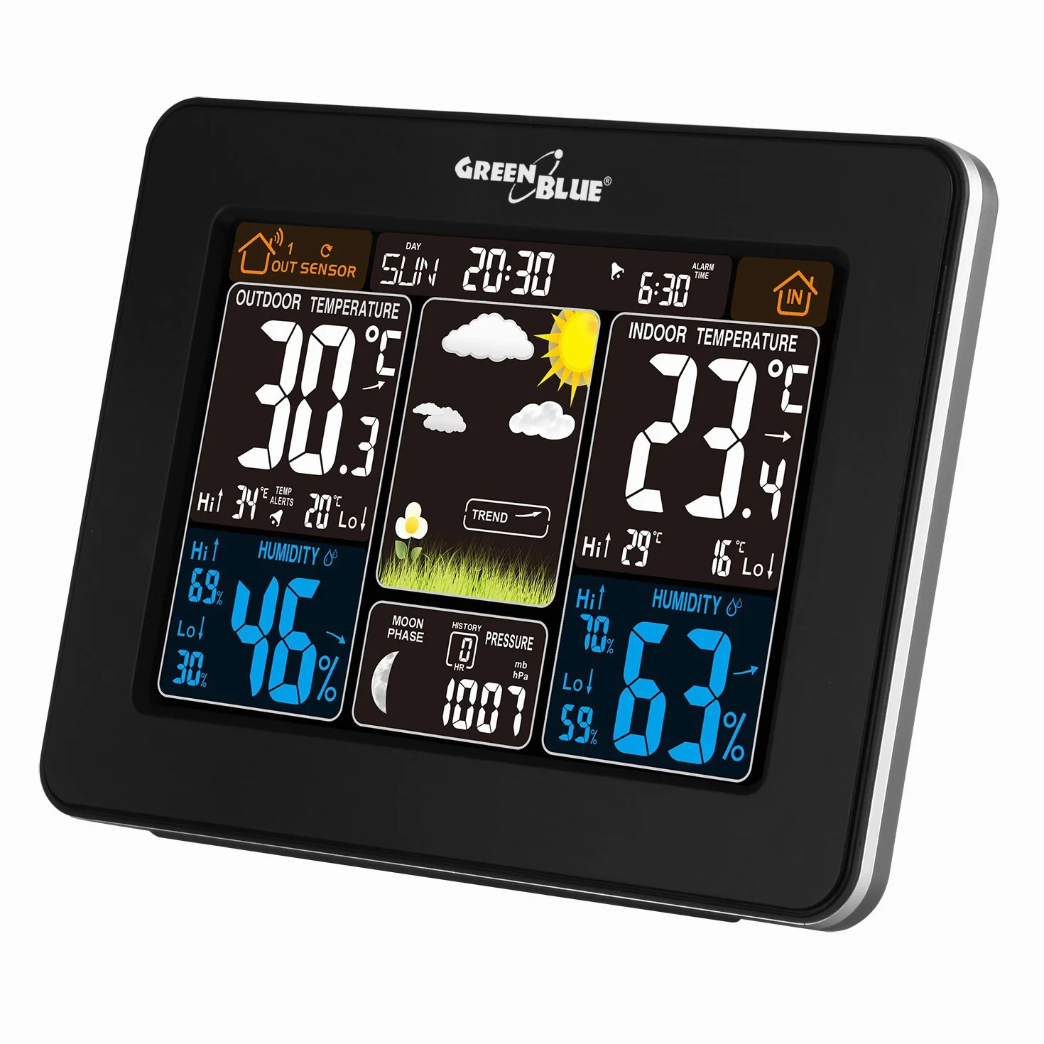Station météo sans fil GreenBlue GB523 avec alarme sonde extérieure réveil baromètre thermomètre phases de lune DCF