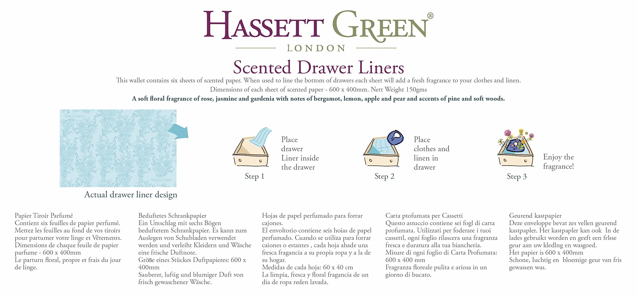 Hassett Green London Lot de 4 doublures de tiroir parfumées Chèvrefeuille Jasmin Lilas Lavande Coton Naturel 600 x 400 cm