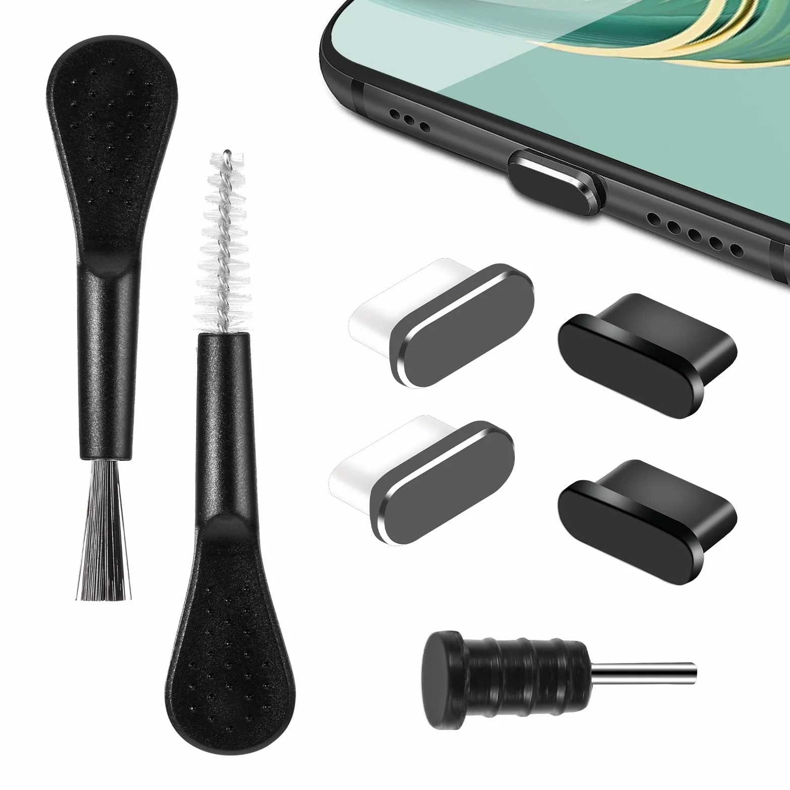 Zestaw do czyszczenia portu ładowania telefonu 7 częściowy, zestaw wtyczek przeciwpyłowych USB C, osłona przeciwpyłowa typu C, osłona ochronna portu ładowania ze szczoteczką do czyszczenia