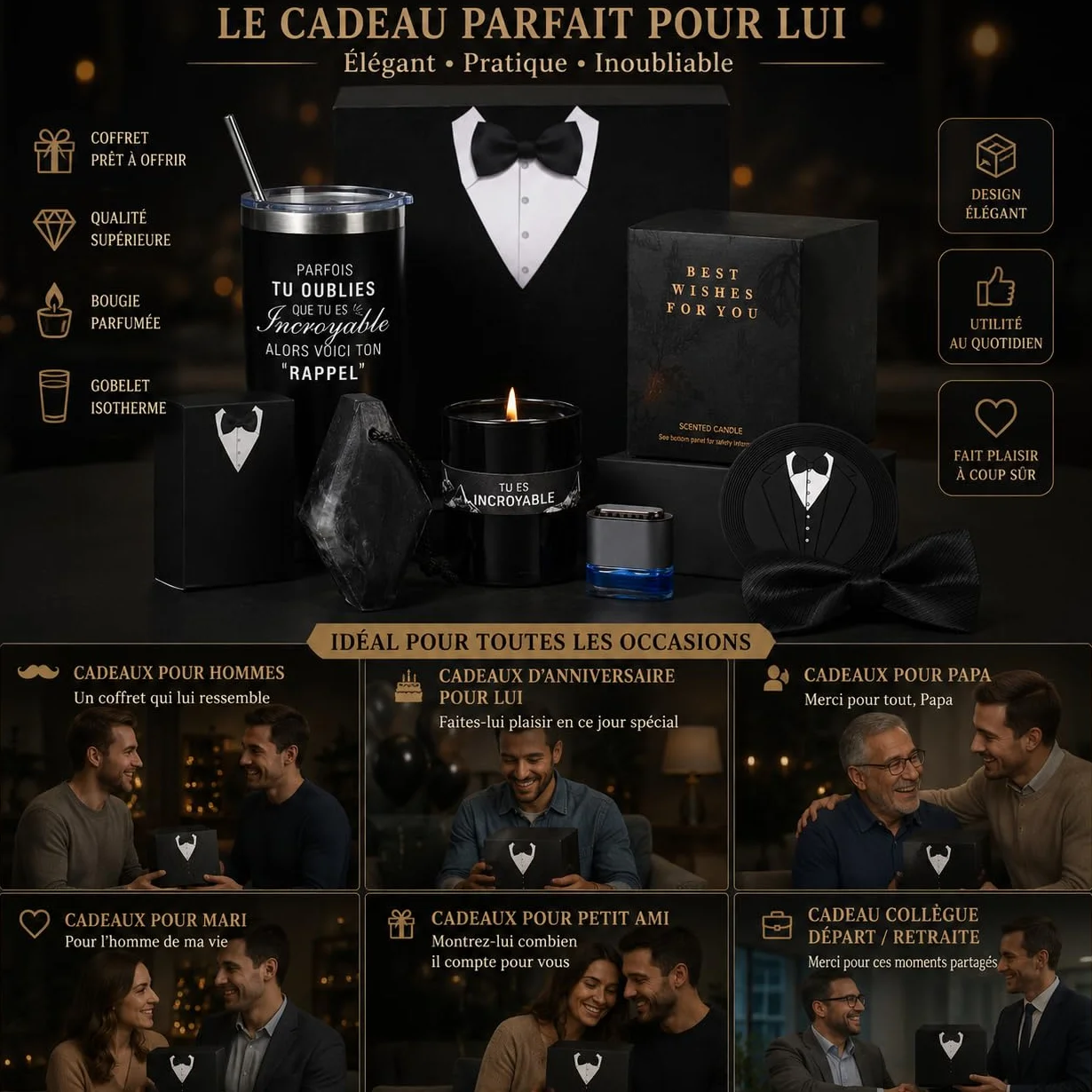 Coffret Cadeau pour Homme de Luxe avec Bougie Parfumée,Tasse,Cadeaux de Saint Valentin/Fête des Pères/Anniversaire/d'anniversaire/Retraite,Cadeau Merci pour Papa,Mari,Petit ami,Frère,Ami,Collègue