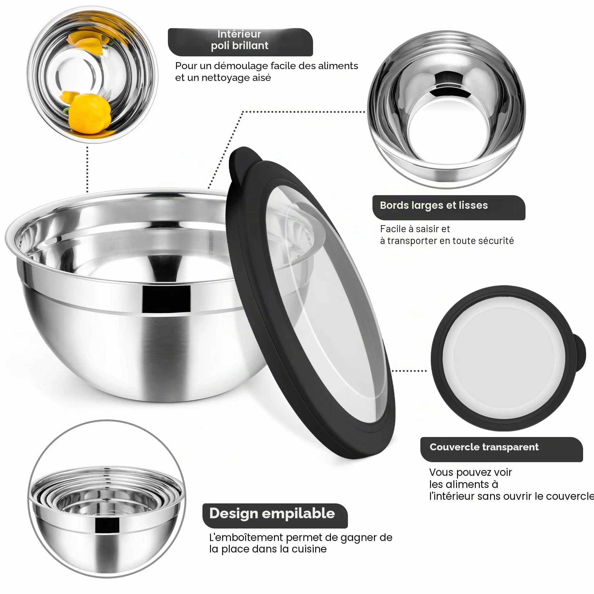 Joyfair Lot de 5 bols mélangeurs en acier inoxydable avec couvercle hermétique transparent, 4,5 l, 2,7 l, 1,5 l, 1,2 l, 0,7 l, saladiers empilables pour servir, cuisiner, cuire au four, passe au
