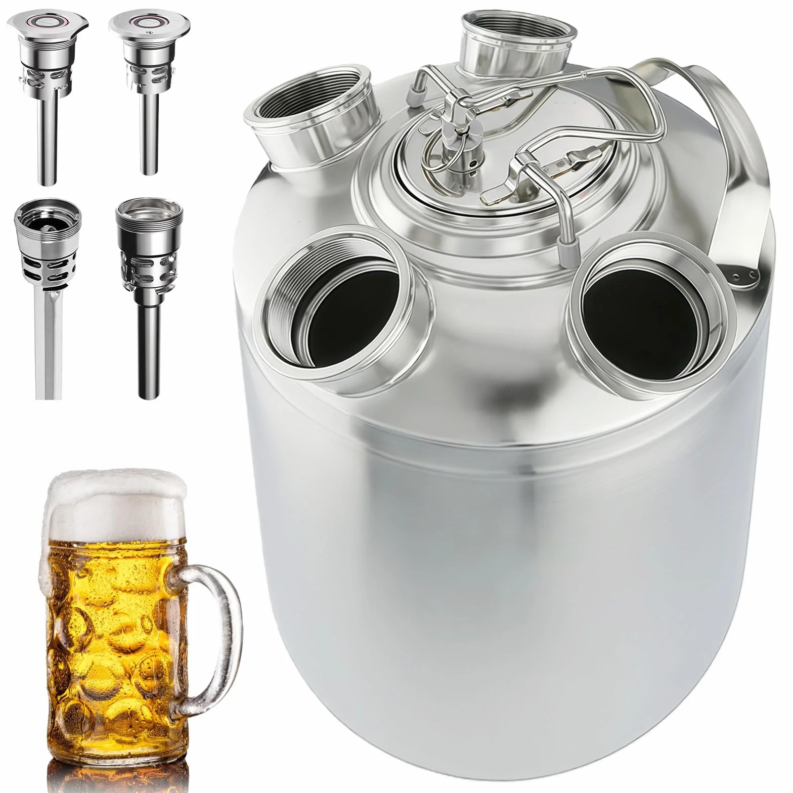 Fût de nettoyage de bière 10 l, en acier inoxydable, récipient de nettoyage à 4 têtes, avec brochettes A, S, G, D avec capuchon de fermeture pour machines à thé au lait et machines à jus