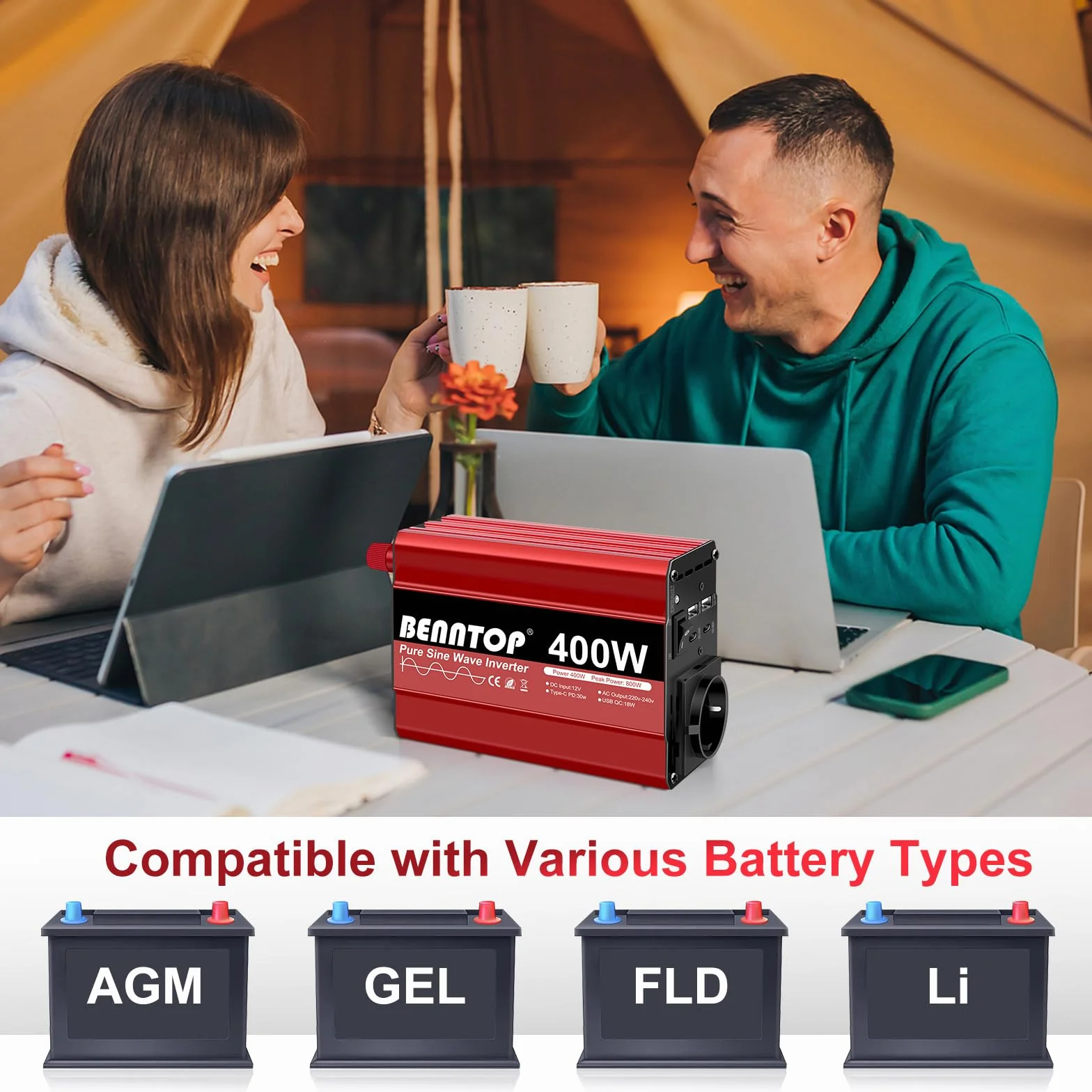 400W/800W konwerter 12 V 230 V Pure Sinus samochodowy falownik napięcia Transformator z 4 portami USB typu - A/C, 1 gniazdo UE Ładowanie laptopa, iPada, iPhone'a i nie tylko