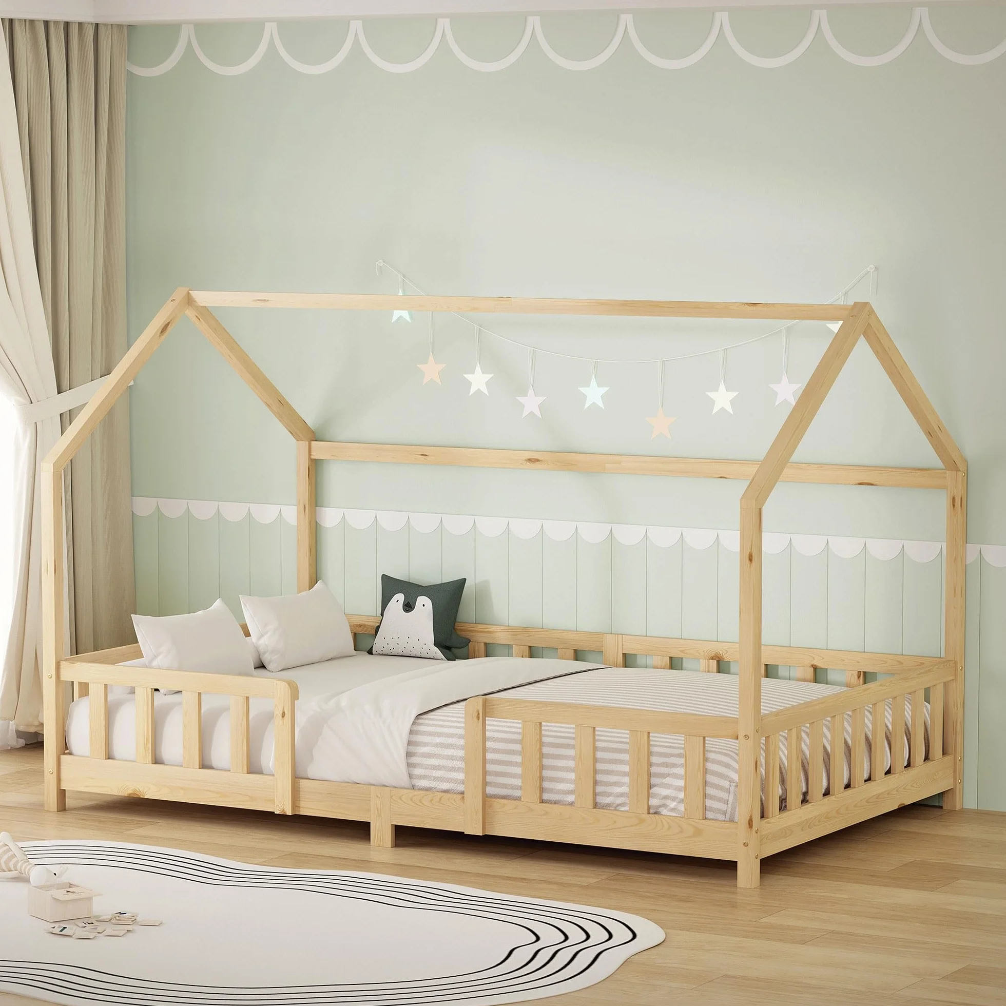ML-Design Lit Cabane Enfant 120x200 cm Naturel (Beige) en Bois avec Protection Étendue Anti-Chute, Toit et Sommier à Lattes, Style Maison, Couchage Maisonnette Lit Double pour Adolescent Fille Garçon