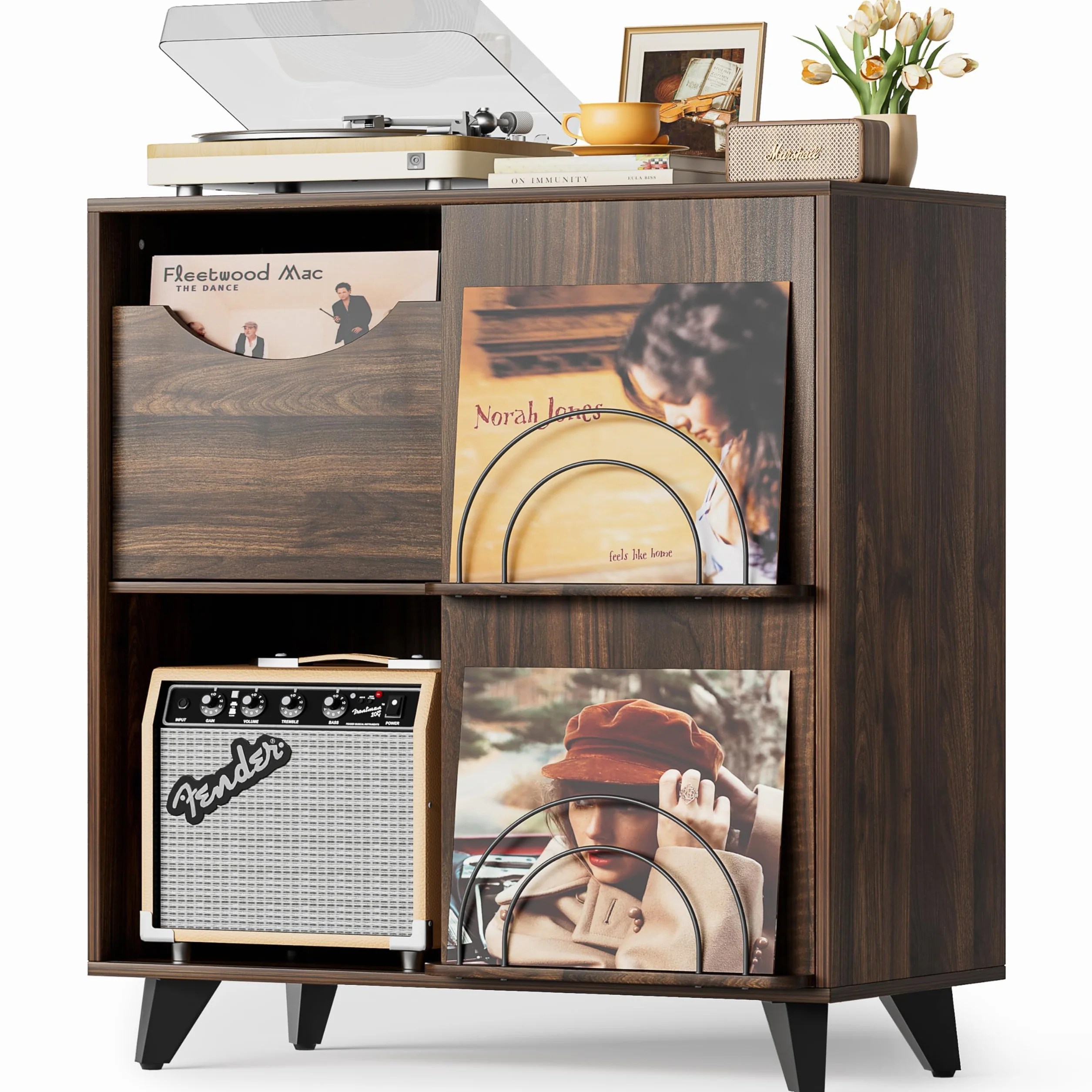 Bikoney Meuble Platine Vinyle avec Présentoir et 2 Tiroirs – Support en Bois et Meuble TV, Porte Vinyle pour Toutes Les Platines et Enceintes, Rangement pour Salon ou Chambre