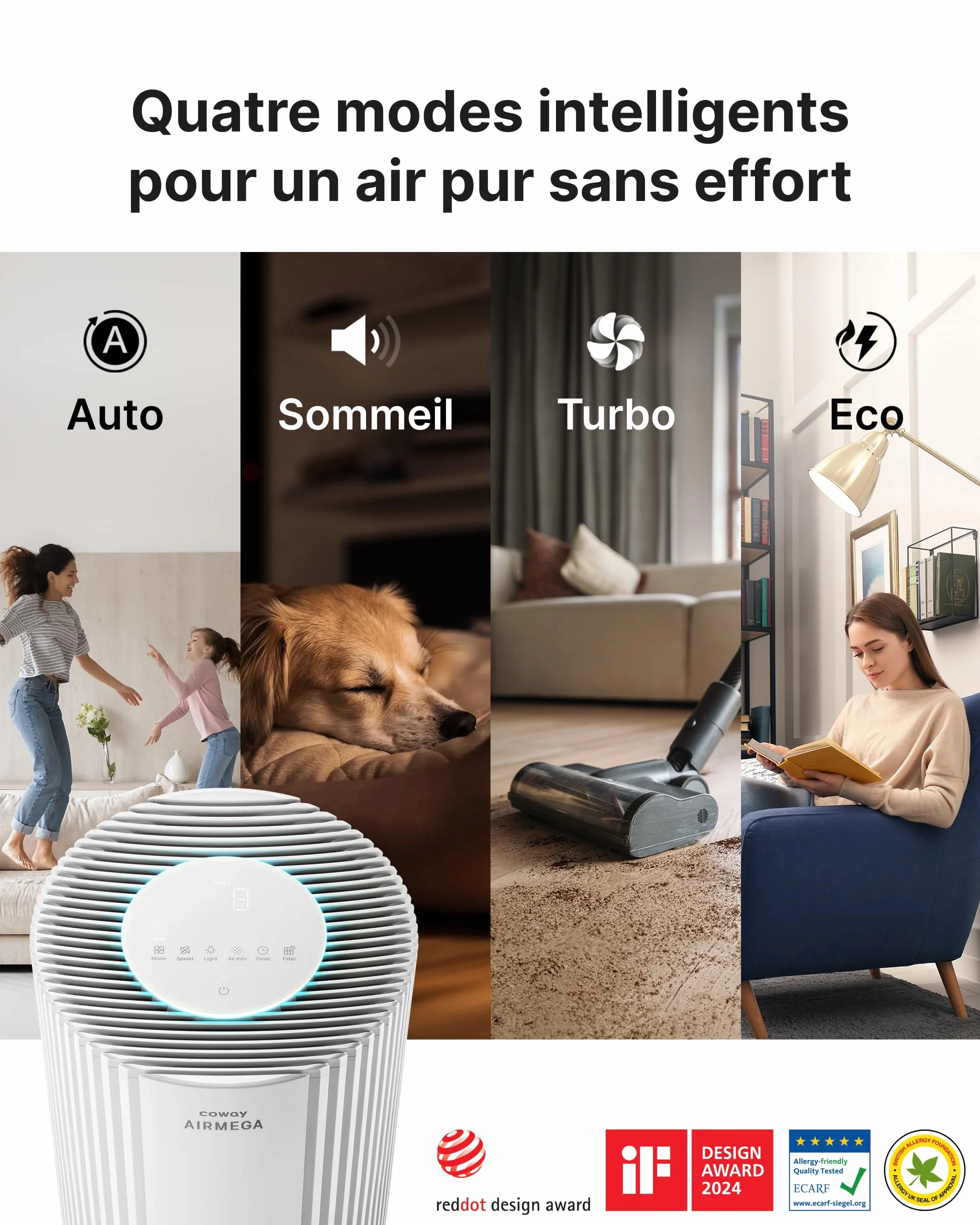 COWAY Purificateur d’air grande pièce, CADR 734 m³/h, purifie 153 m² en 30 min, filtre HEPA fumée, allergies, poils animaux, odeurs, affichage PM1/2.5/10, mode éco, AIRMEGA 450 Blanc