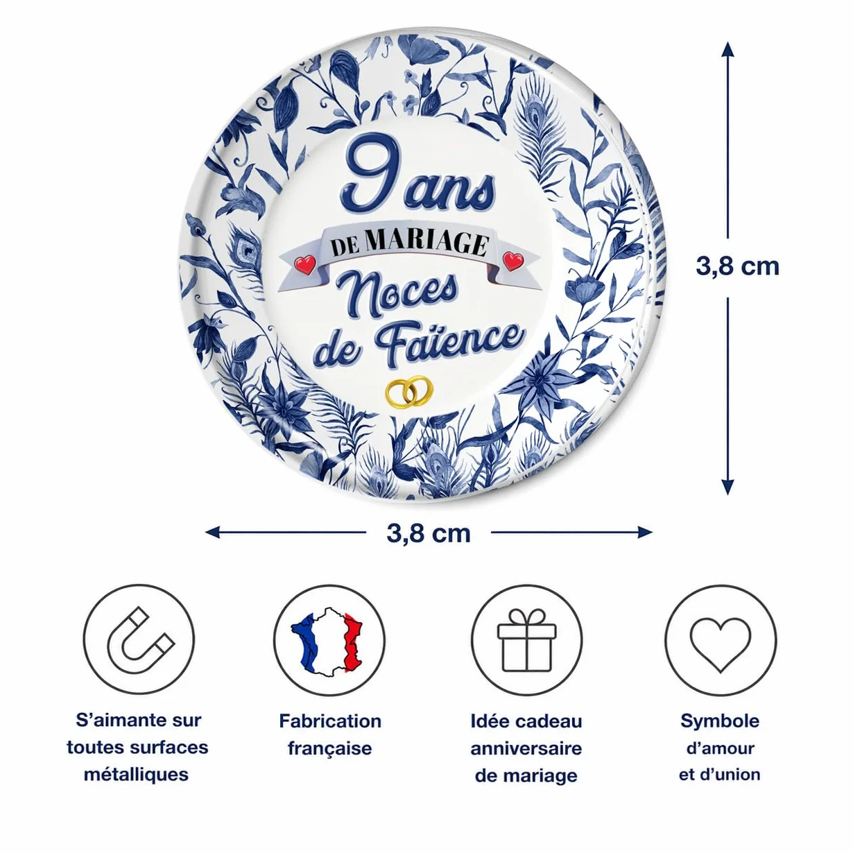 Magnet Aimant 3.8cm Anniversaire 9 Ans Mariage Noces Faïence Diamètre 3.8cm