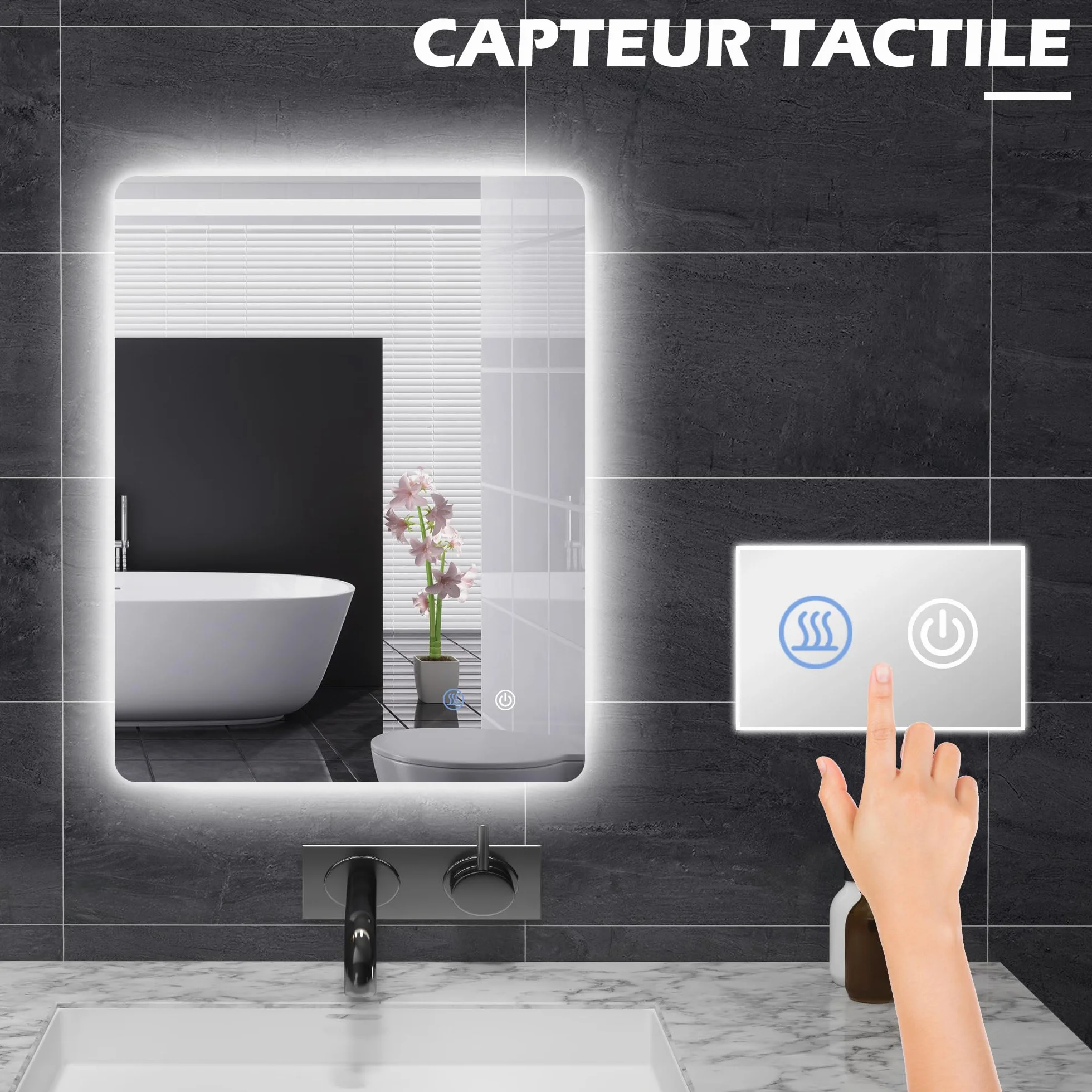 kleankin Miroir rectangulaire Mural Lumineux LED de Salle de Bain - 80 x 60 cm - 3 Couleurs, luminosité réglable Interrupteur Tactile système antibuée Blanc Transparent