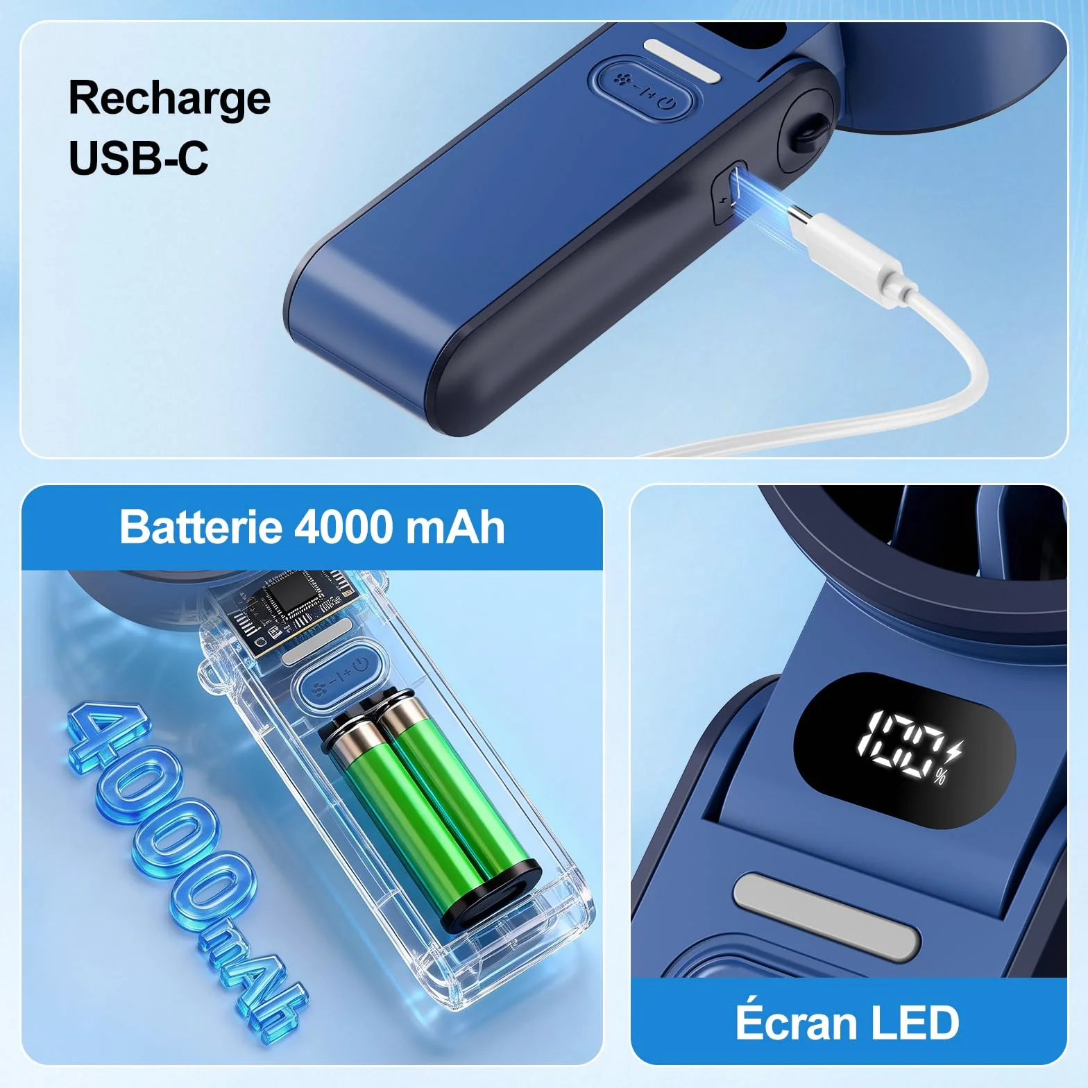 Ventilateur Portable Rechargeable USB Silencieux 4000 mAh Écran LED Pliable
