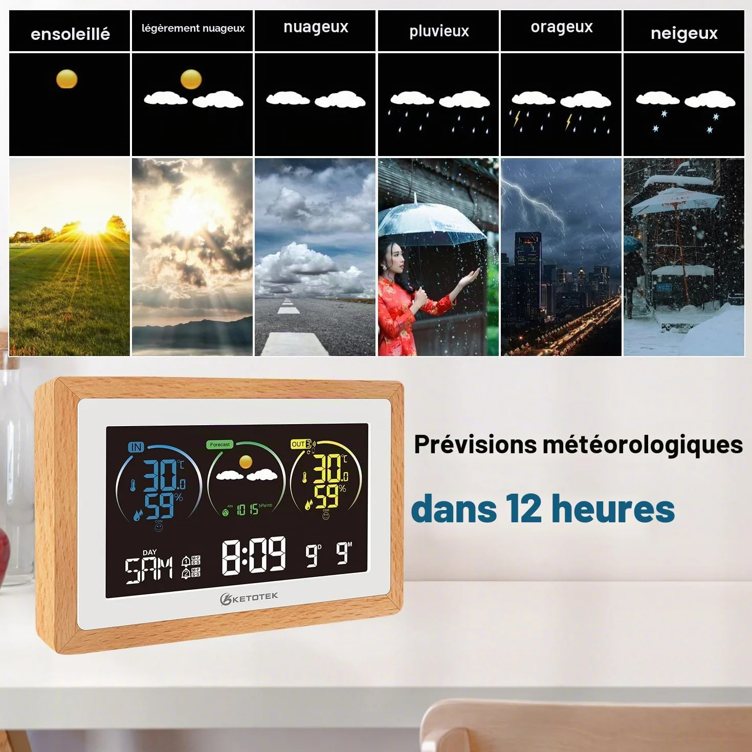 KETOTEK Station Météo Sans Fil avec Capteur Extérieur Thermomètre Hygromètre Horloge Radio-pilotée DCF Prévisions Réveil Rétro-éclairage