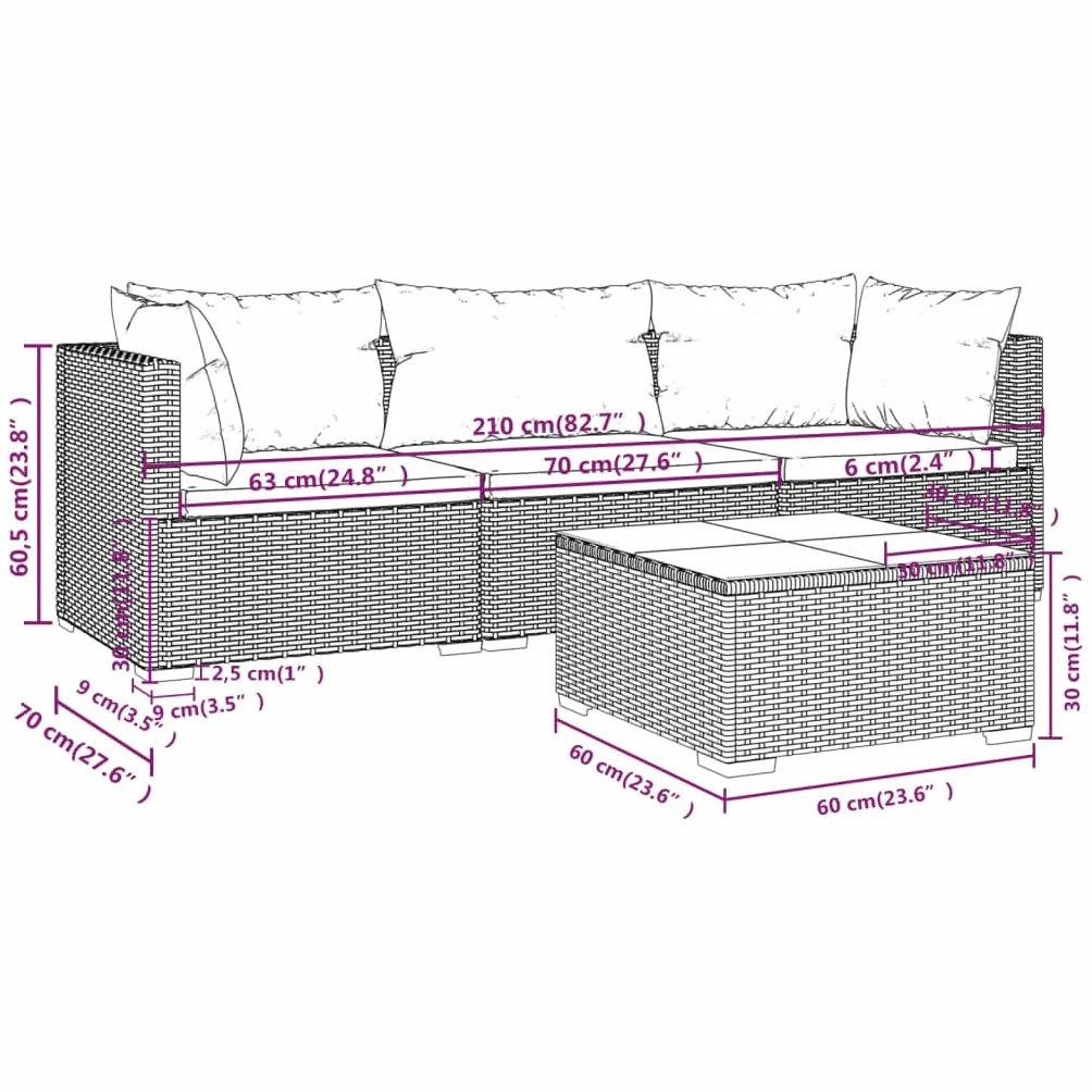 Salon de Jardin 4 pcs Résine Tressée Gris Meubles de Jardin décontractés