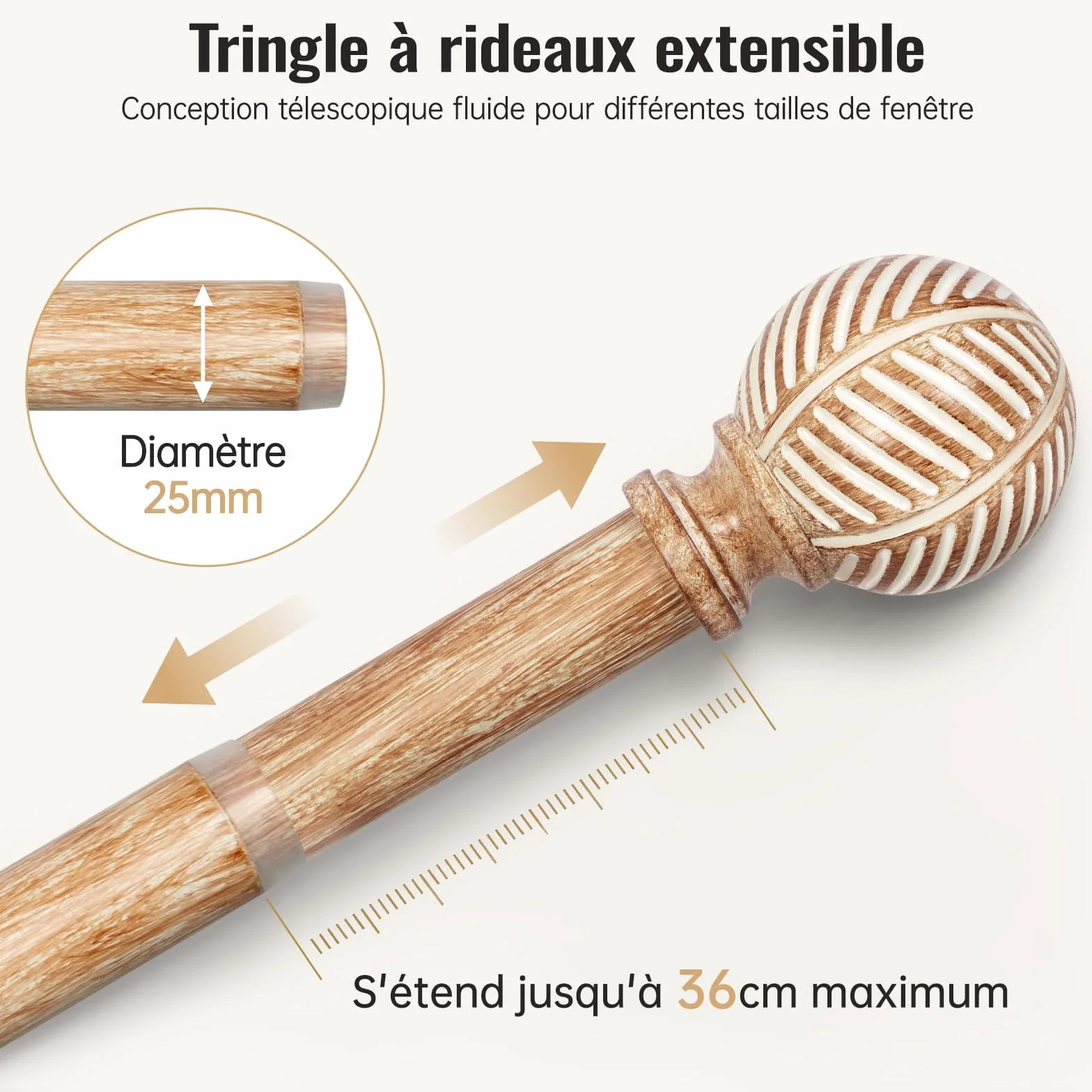Tringle à rideaux en bois 76-219 cm 25 mm réglable motif imitation feuilles de céréales Brun