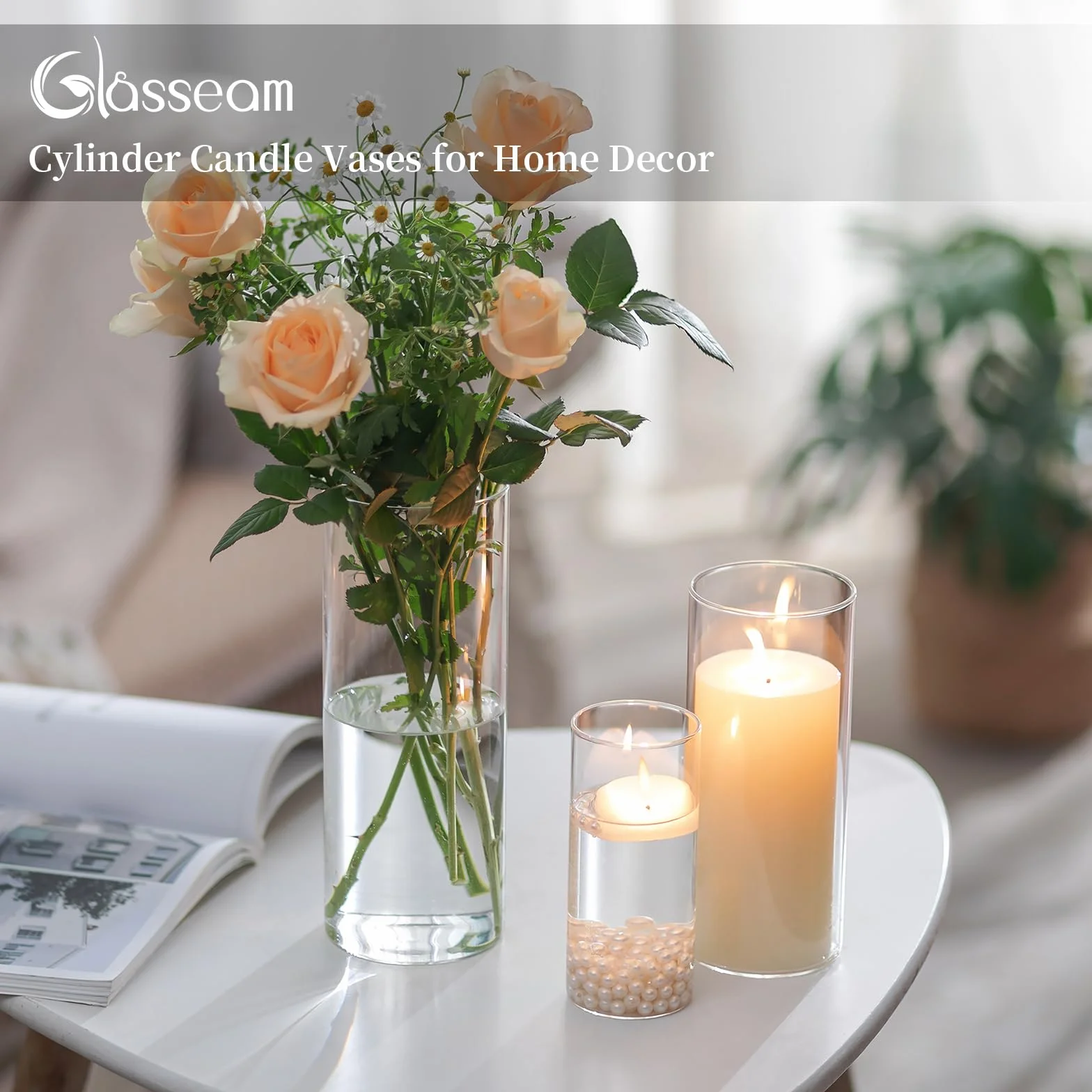 Porte-Bougie Hurricane Cylindre en Verre : Vase À Fleurs Transparent pour Bougies Chauffe-Plat Pilier Votif Bougies Flottantes pour Décorations De Table À Manger (M+L+XL x 4)