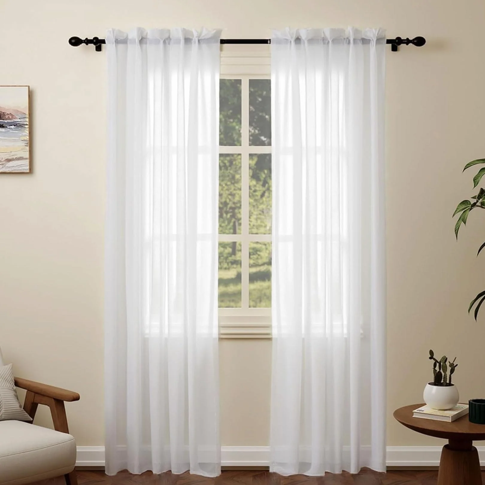 Rideau Voilage 90x120 cm Demi Transparent Polyester Blanc pour Salon Fenetre Chambre