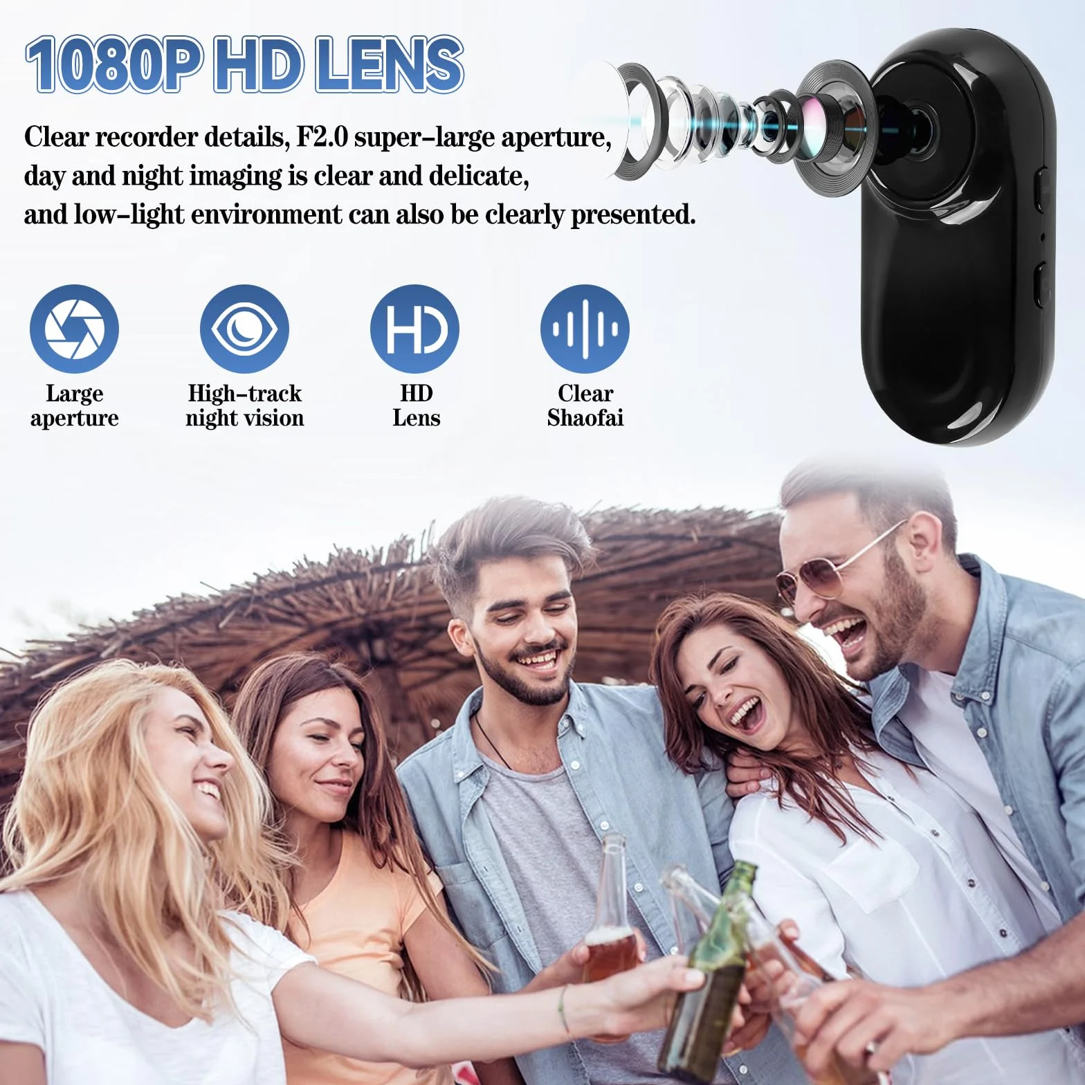 Mini kamera z kciukiem 1080p HD, przenośna kamera do vlogowania z szerokim kątem 130°/F2.0, przenośna kamera wideo z dźwiękiem, do vlogów, podróży, sportów