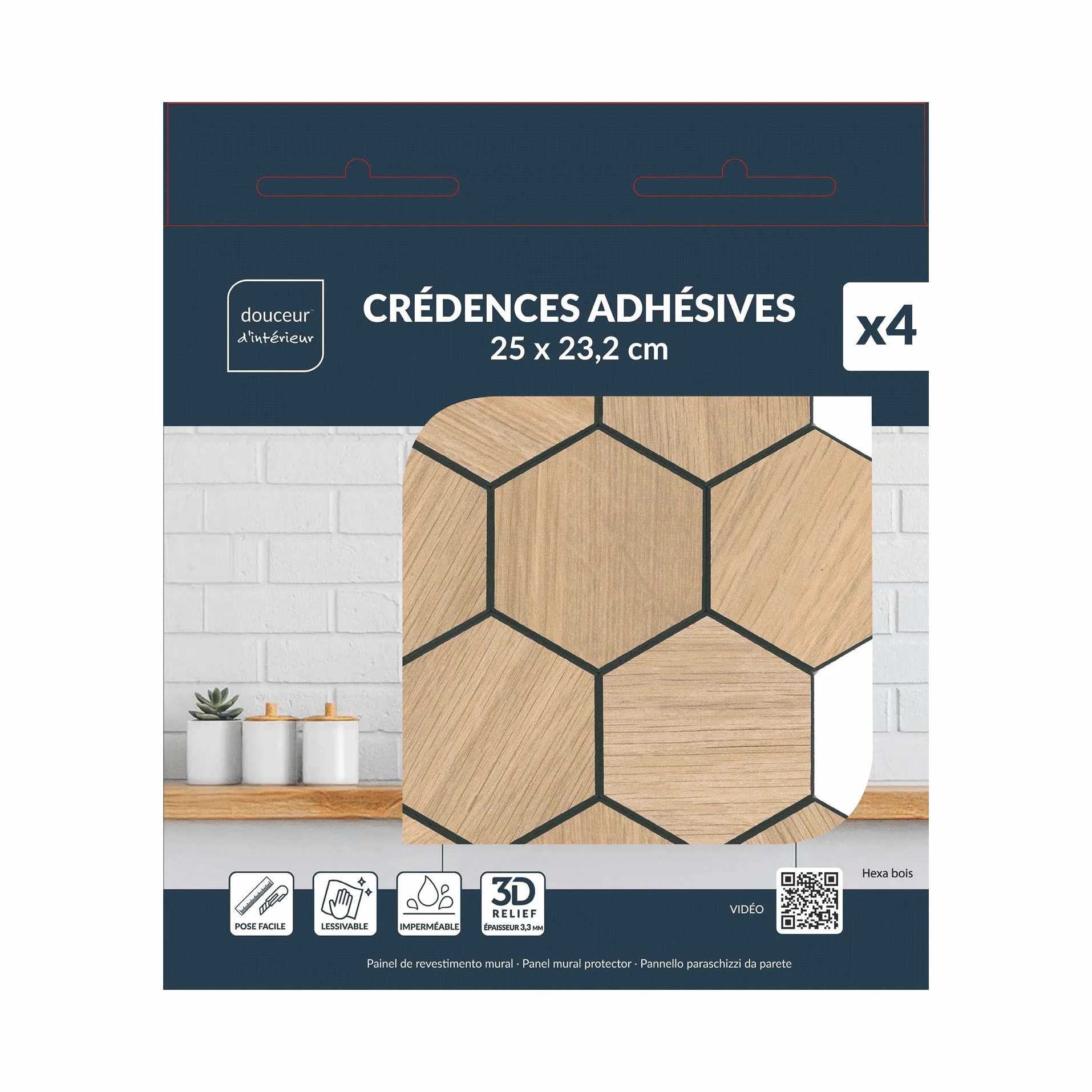 Crédence Adhésive Cuisine Hexa Effet Bois 4 Pièces 25 x 23,2 cm 3D Imperméable