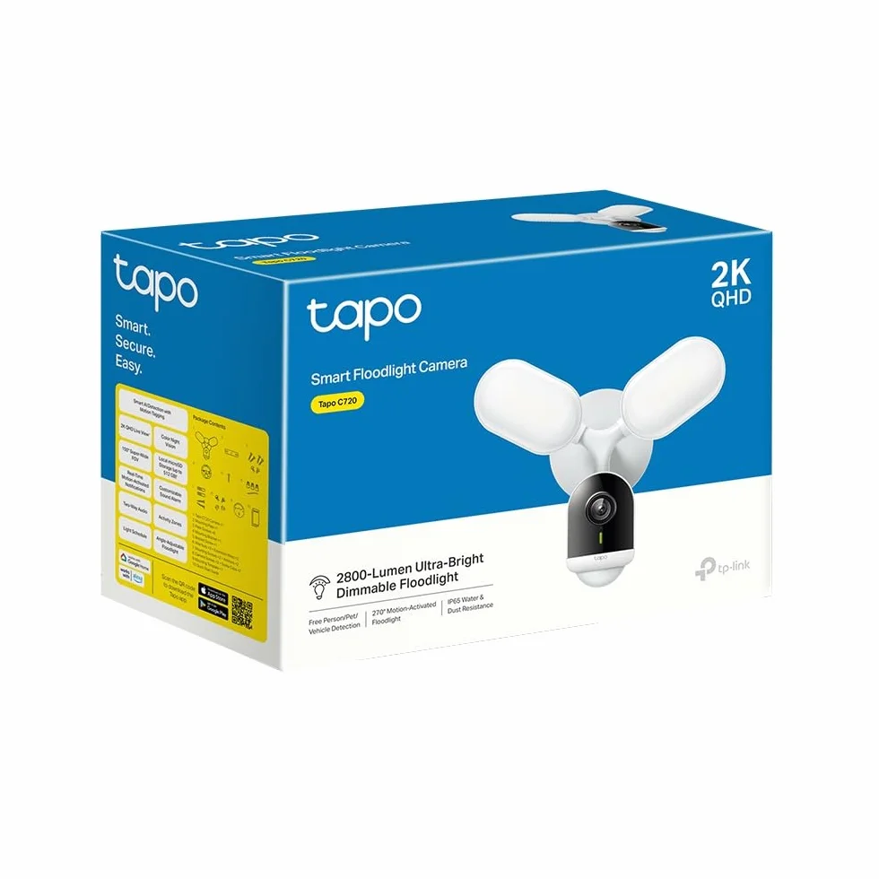 Tapo C720 Zewnętrzna kamera Wi-Fi 2K, 4 MP, kolorowa wizja i projektory 2800 lumenów, regulacja jasności i aktywacja wyzwalacza, wykrywanie Smart AI, MicroSD do 512G, IP65, tylko twardy