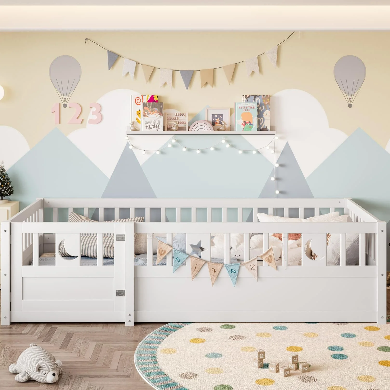 PUGSDRLY Lit Cabane Enfant 90x190cm avec Barriere et Serrure,Lit Montessori au Sol sans Sommier à Lattes,Cadre en Bois de Pin pour Enfant,Blanc,sans Matelas (90-A)