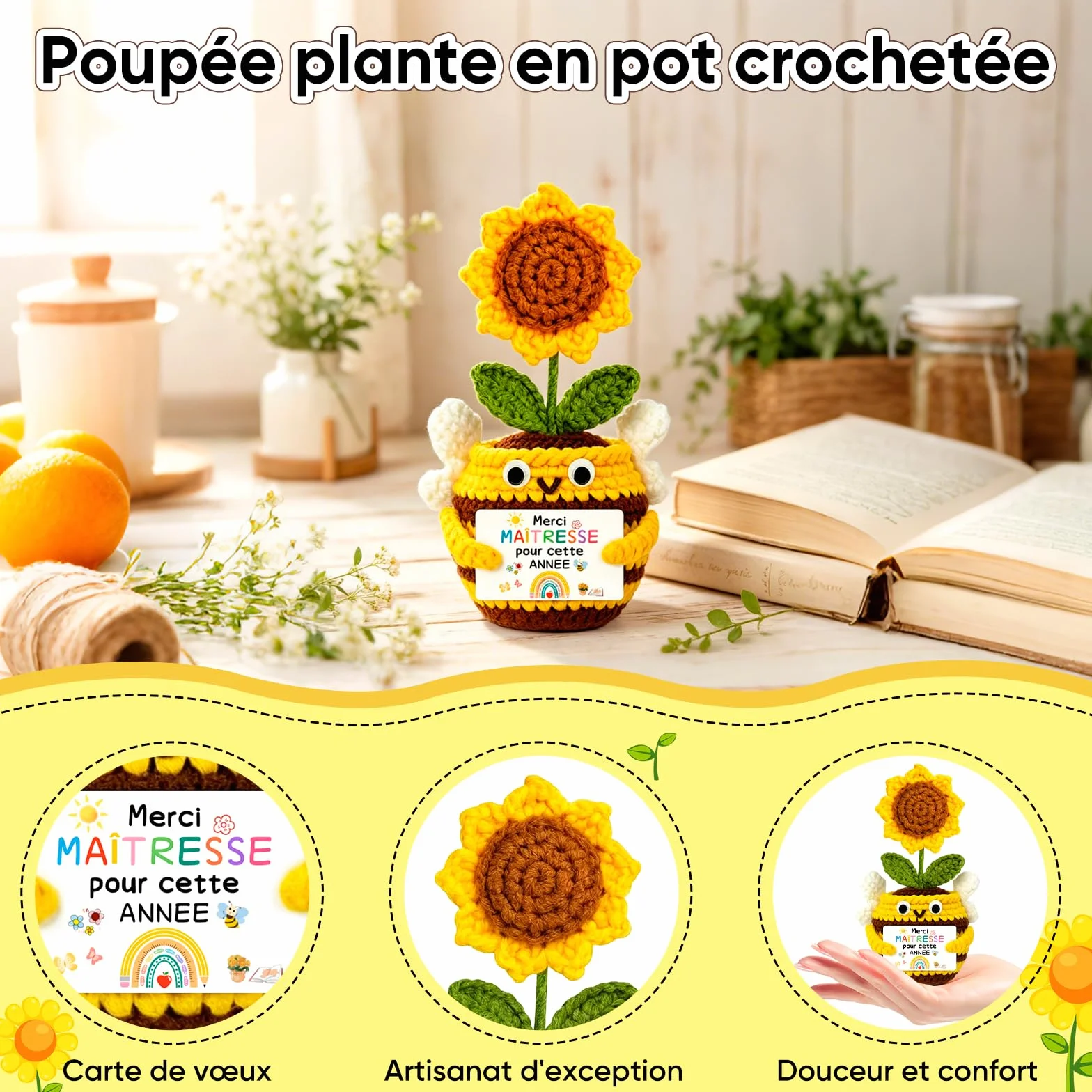 Peluche Abeille Tournesol Crochetée à la Main avec Carte Merci Maitresse