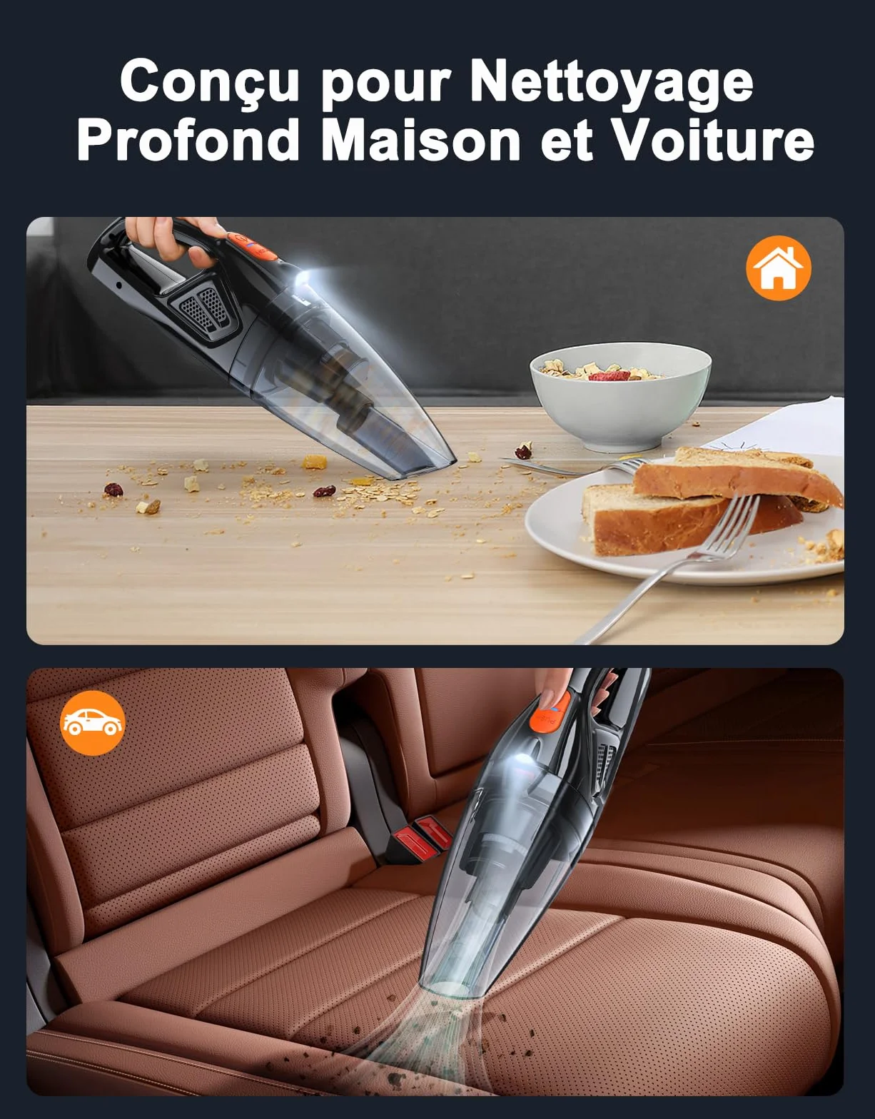 Aspirateur à Main, Rechargeable 9KPA Aspirateur Voiture Puissant sans Fil avec [Socle Charge Rapide & Lumière LED], 2 Filtres HEPA, Aspirateurs de Table pour Canapé/Maison/Tapis/Escaliers