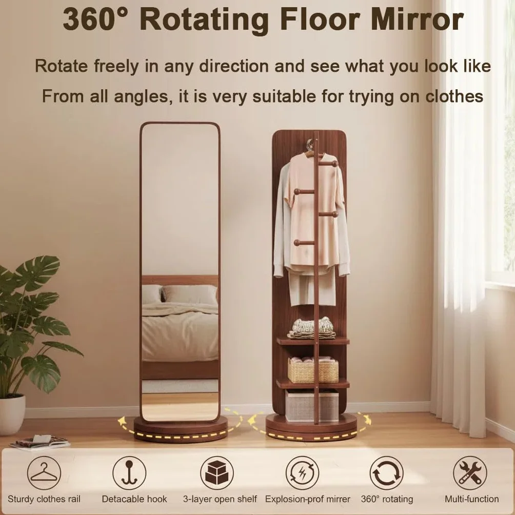 Miroir Pleine Longueur Rotatif 360° Bois Massif avec Étagères de Rangement sur Pied Robuste