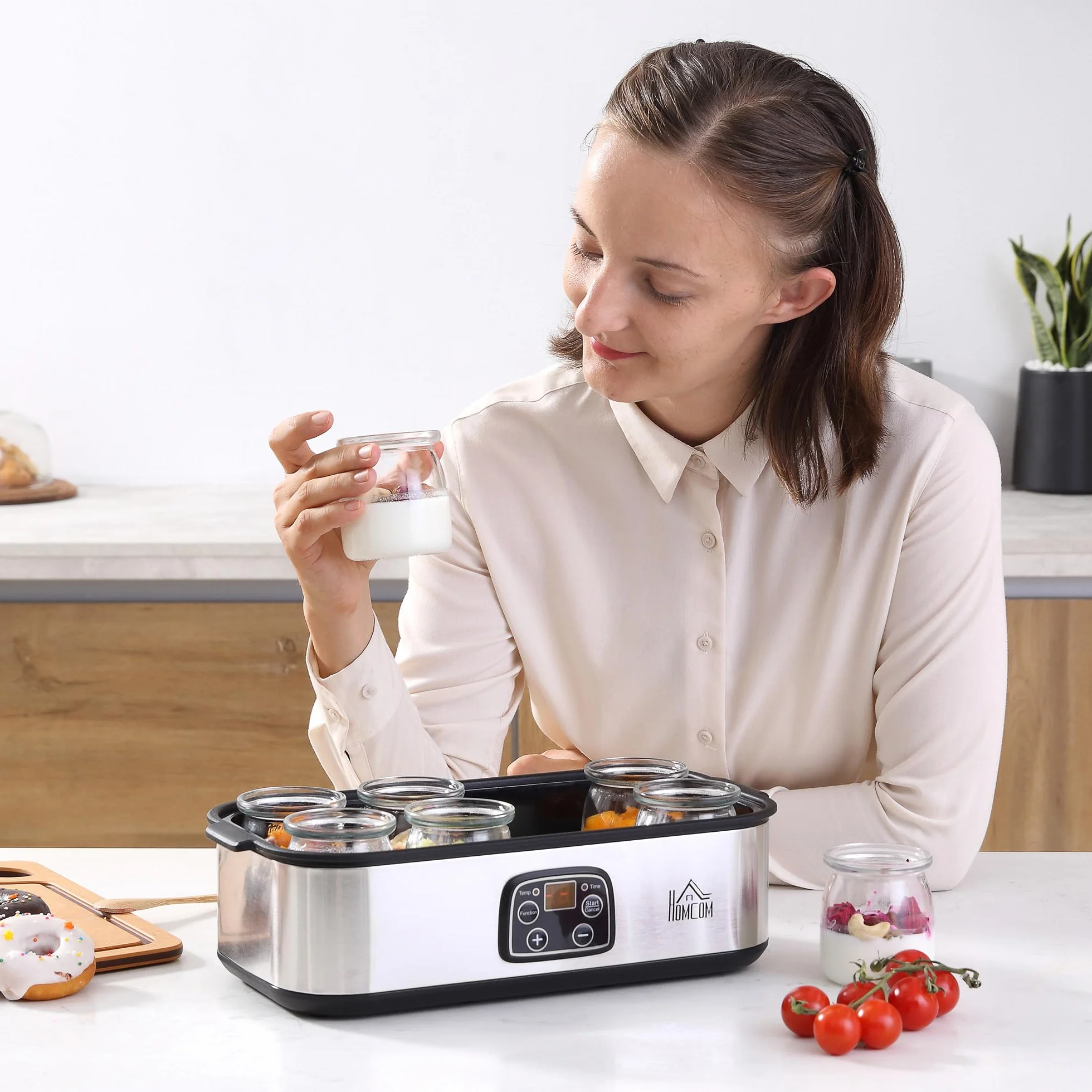 HOMCOM Yaourtière avec 8 Pots en Verre de 180ml, Machine à Yaourt Électrique en Acier Inoxydable avec Minuterie, Thermostat Réglable et Affichage Numérique pour des Desserts Maison Sains