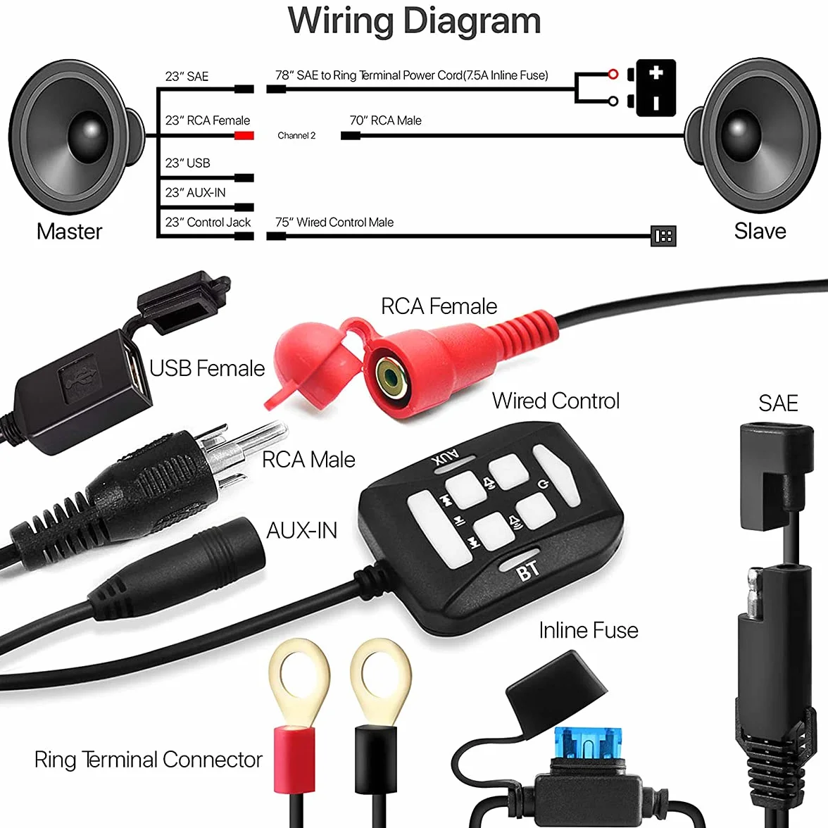 Wbudowany wzmacniacz 600 W, 11.4 cm, pełnozakresowe, wodoodporne, Bluetooth, motocyklowe, stereo, system audio z USB AUX MP3, pasuje do montażu na kierownicy od 1 do 1-1/10.2 cm (chromowany)