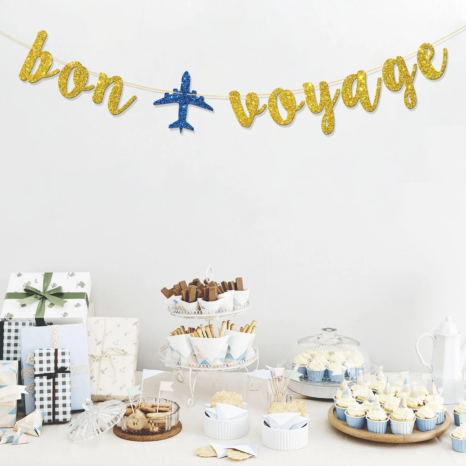 Bannière Bon Voyage – Banderole de fanions de fête sur le thème du voyage – Paillettes dorées