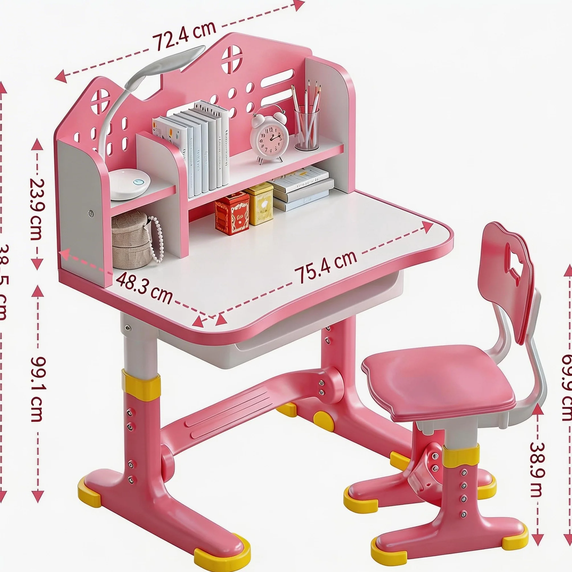 Ensemble de bureau pour enfant avec chaise réglable en hauteur, bureau d'apprentissage avec dossier château, surface de travail élargie, support de livre et tiroir de rangement pour chambre