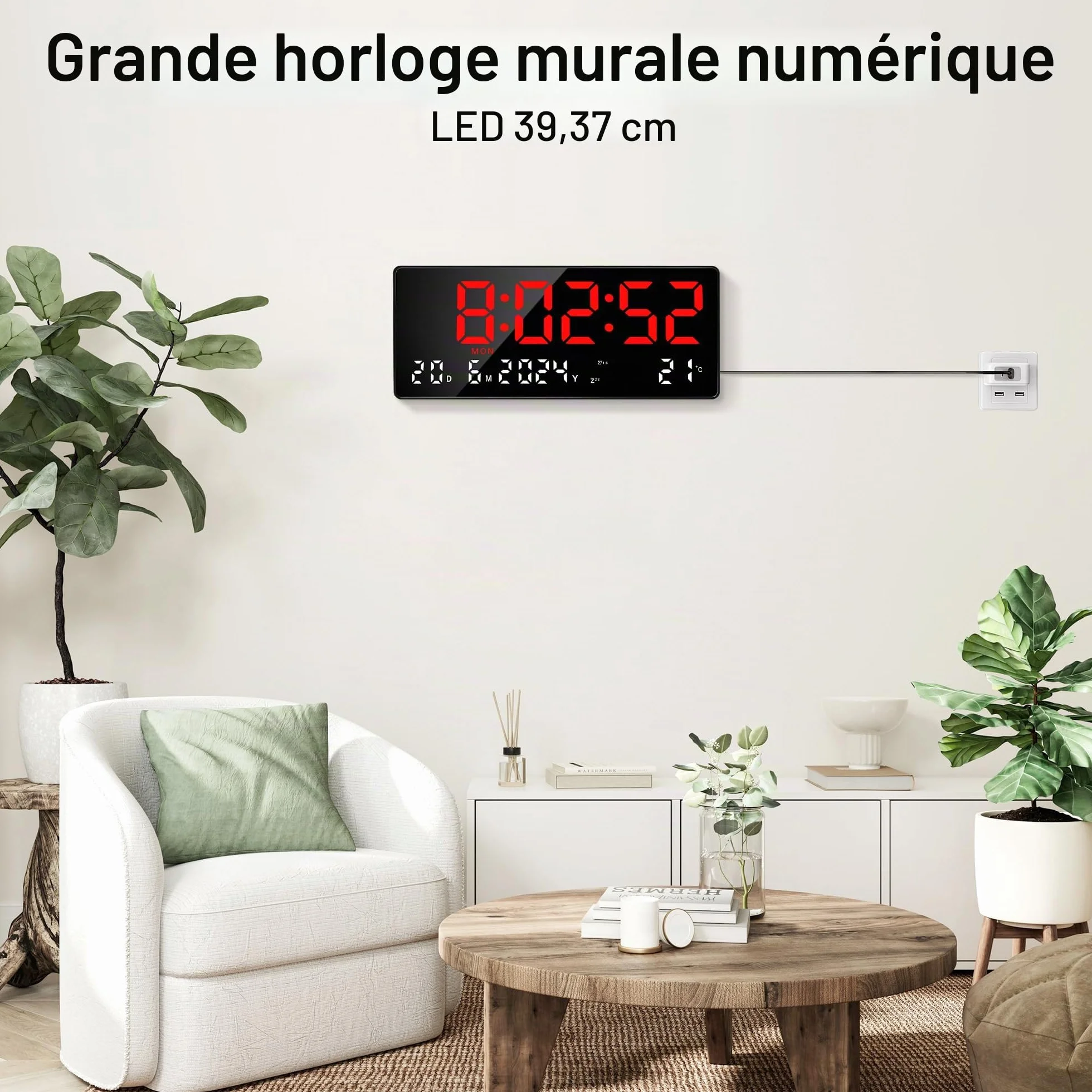 Lafocuse 15.5" LED Horloge Murale Numérique Grande Horloge de Bureau Digitale avec Télécommande