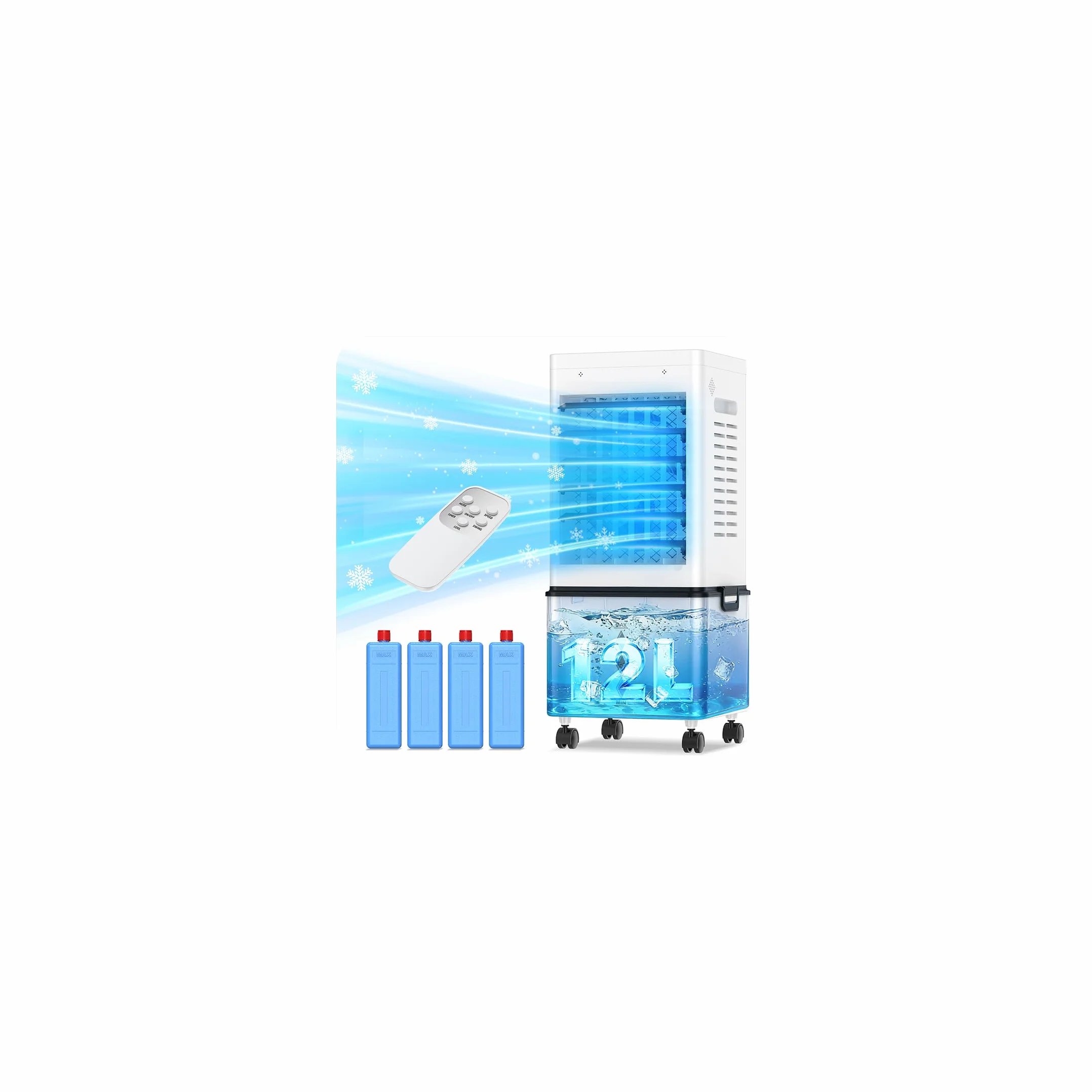 Climatiseur Mobile Silencieux Sans Évacuation 12L Rafraichisseur d'air, 45W, 6 Vitesses, 24H Minuterie, 3 Modes, Oscillation 60°/120°