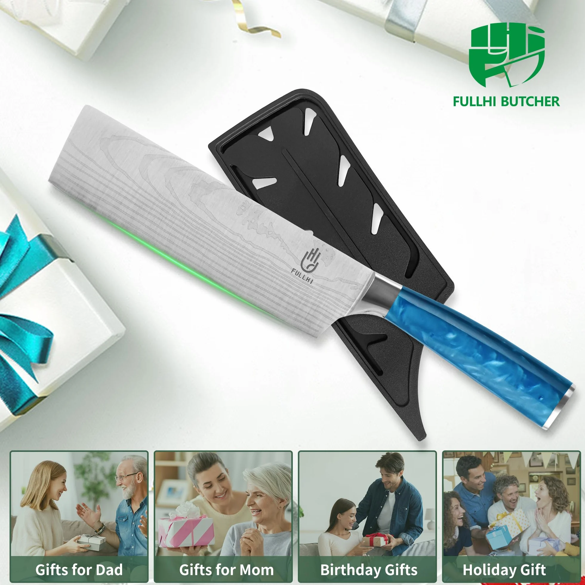 FULLHI Couteau Nakiri, couteau japonais multicolore de 7 pouces avec étui, couteau de cuisine en acier inoxydable pour la cuisson de la viande et des légumes avec protection (Résine bleue)