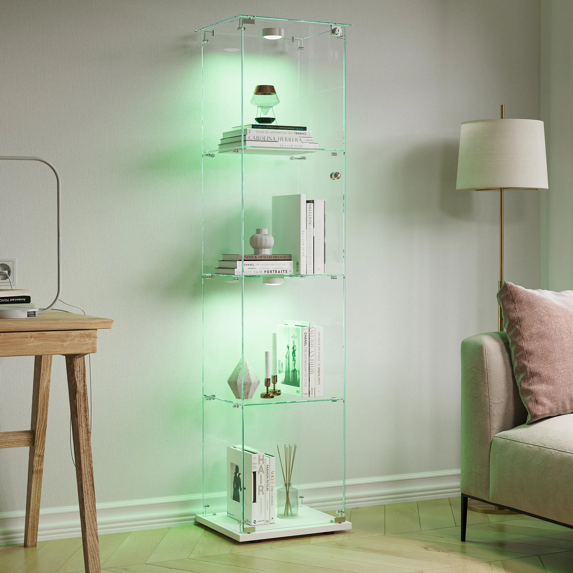 Meuble Vitrine Verre, Vitrine Verre 4 Layers Armoire Vitrineavec Serrure 163x35x39.8 cm VitrineVerre LED Vitrineen VerrePour Collection avec Porte Meuble VitrineSalon Transparent (Blanc A)