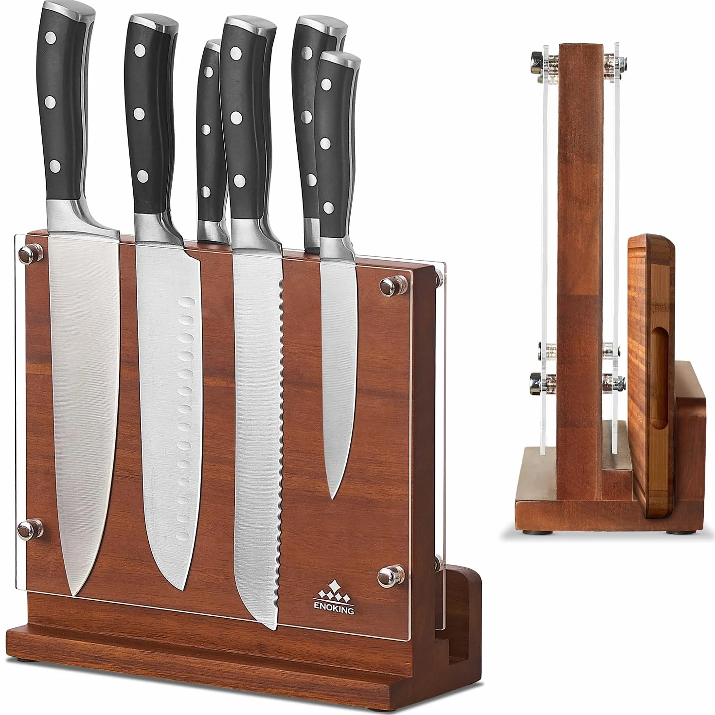 ENOKING Bloc à Couteaux Magnétique, Bloc Aimanté Double Face 26x22 CM - Porte Couteaux Aimanté en Bois d'acacia avec Plaque Protection Acrylique, Range Couteau de Cuisine Vide avec Aimant Puissant