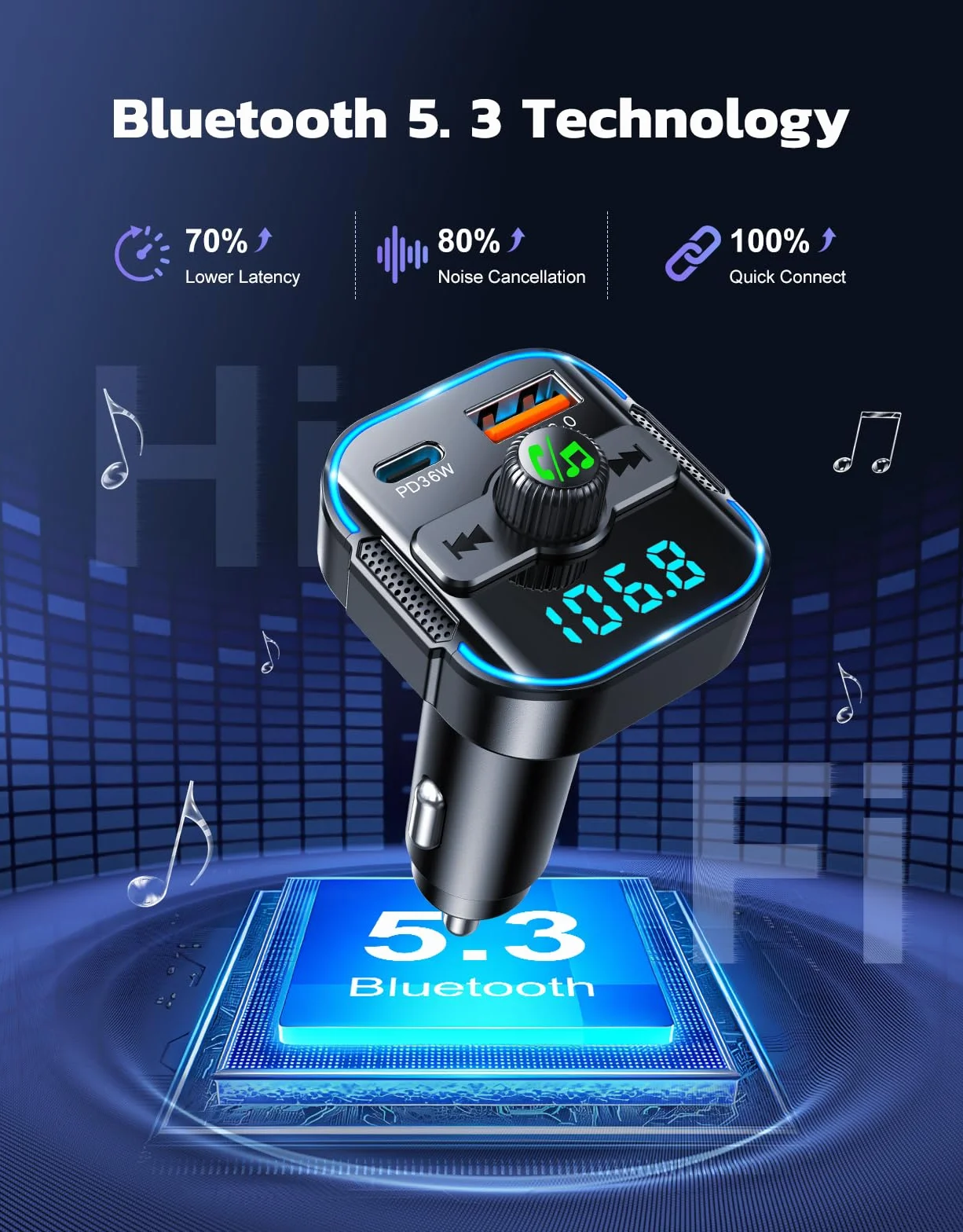 Glangeh 2026 najnowszy adapter samochodowy Bluetooth 5.3 【PD 36W+QC3.0 18W】, nadajnik FM Bluetooth 2 w 1 【Podwójne silniejsze mikrofony】 i szybka ładowarka samochodowa, bezprzewodowy adapter wejścia