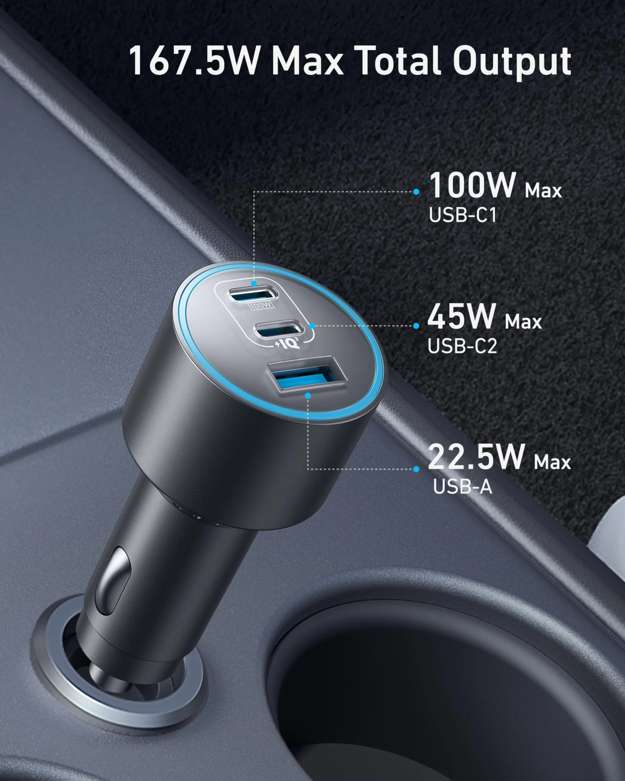 Ładowarka samochodowa Anker USB-C, 167,5W Max 3-portowa ultrakompaktowa szybka ładowarka samochodowa typu C, do MacBook Pro/Air, iPhone 15/14 / 13, Samsung S24 / S23, iPad Pro, AirPods