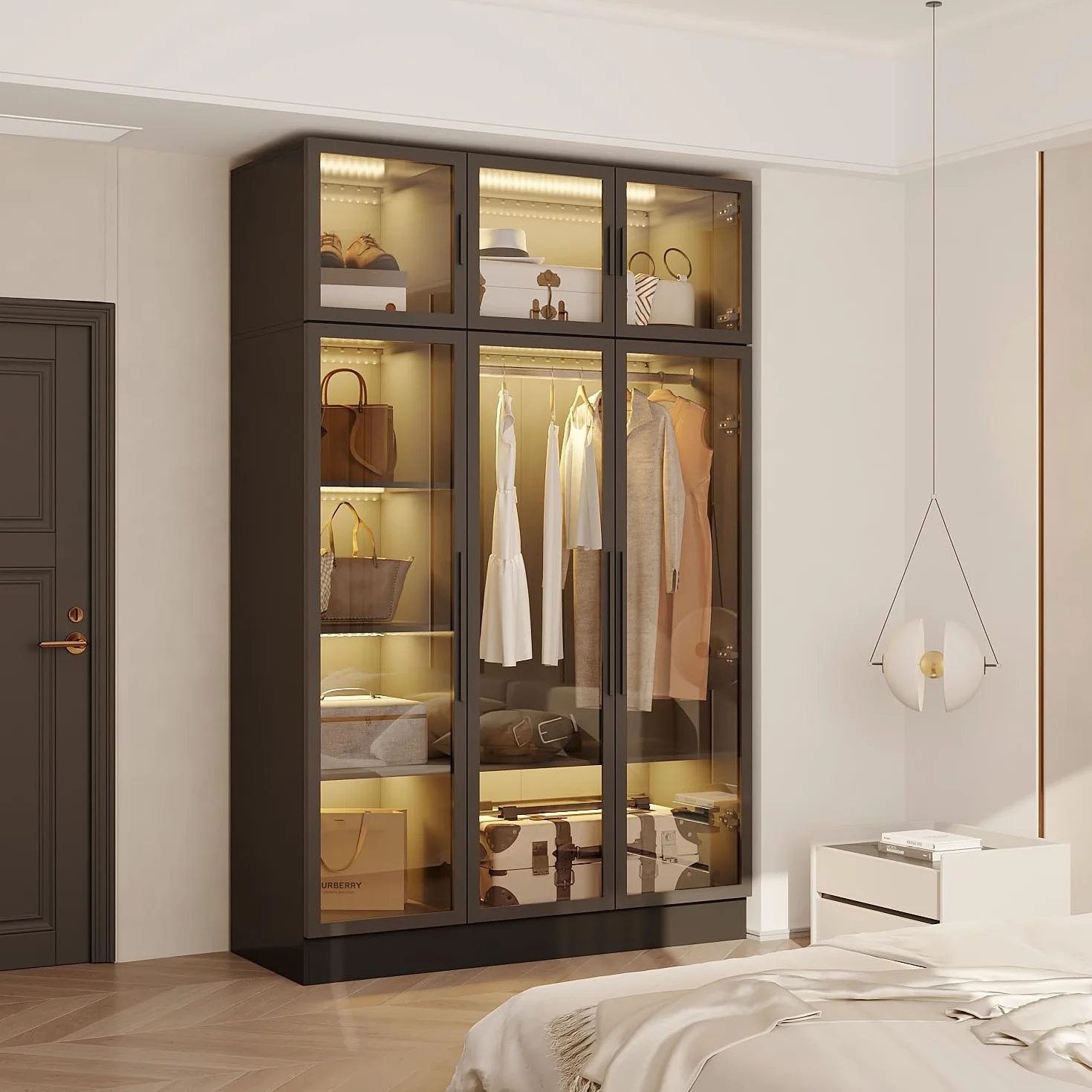 Armoire vitrée avec tringle à vêtements 190cm Vitrine avec 3 éclairages LED Armoire de rangement en verre trempé Vitrine en verre avec 6 portes 5 étagères cadre de porte en fer 120x48x190cm Noir