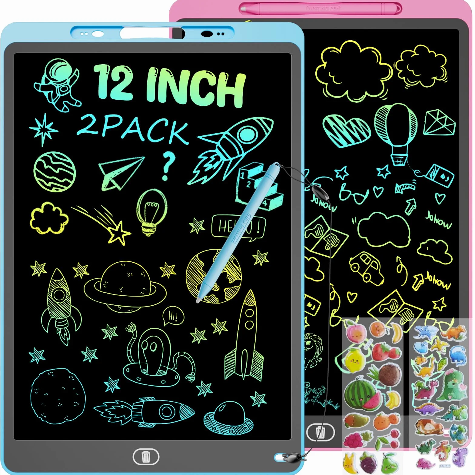 Tablette Dessin Enfant 12 Pouces LCD Colorée Ardoise Magique avec Verrouillage Effacement Jouet Educatif Bleu Rose