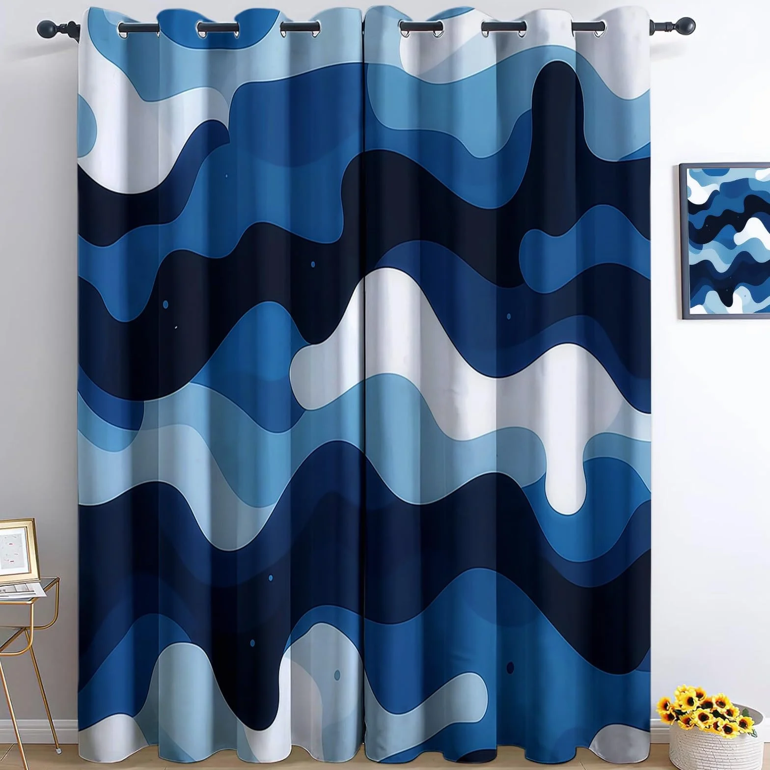 Rideaux Longs Occultants 140x260 cm 2 Panneaux Camouflage Moderne Blanc Bleu
