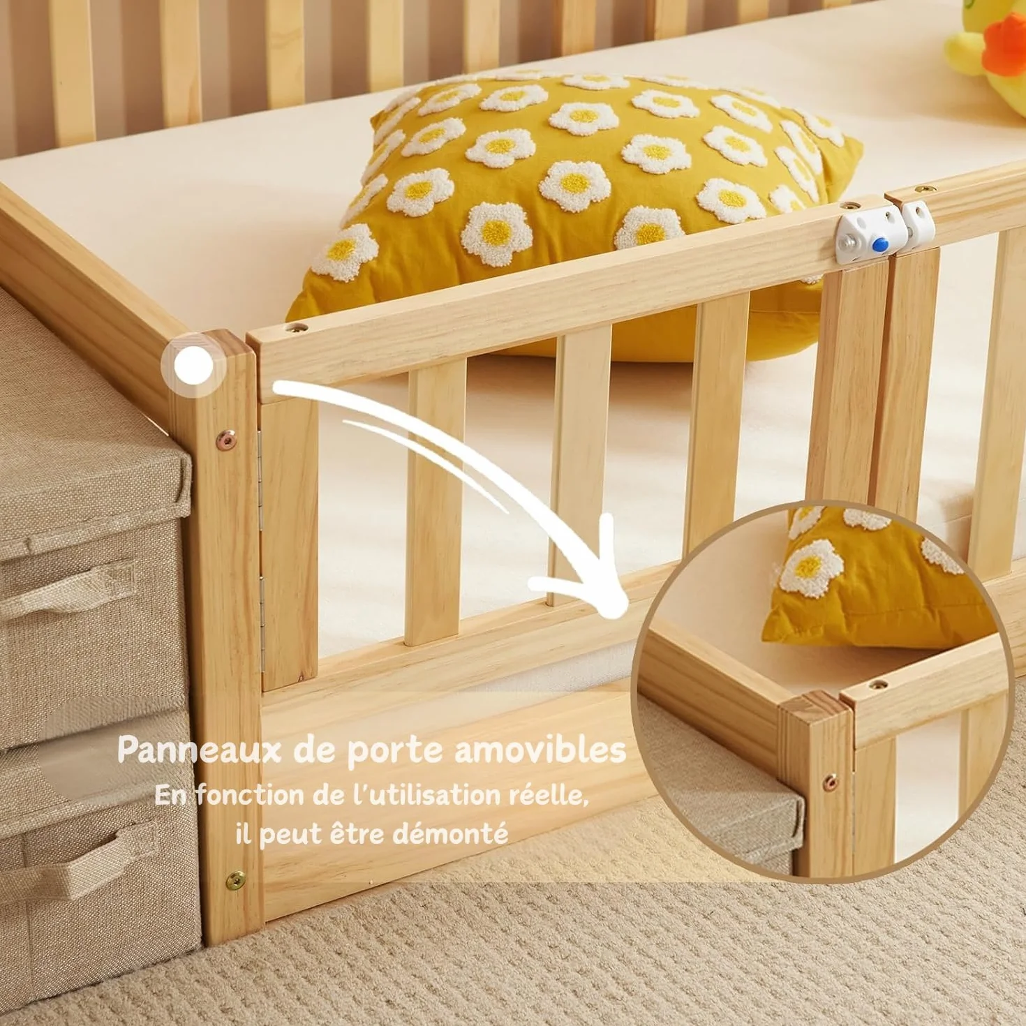 LEADZM Lit Montessori 140x200 cm - Bois Massif avec Porte et Barrière Sécurisée - 12 Lattes Renforcées, Garde-Corps Intégré - pour Enfants et Bébés (Couleur Naturelle)