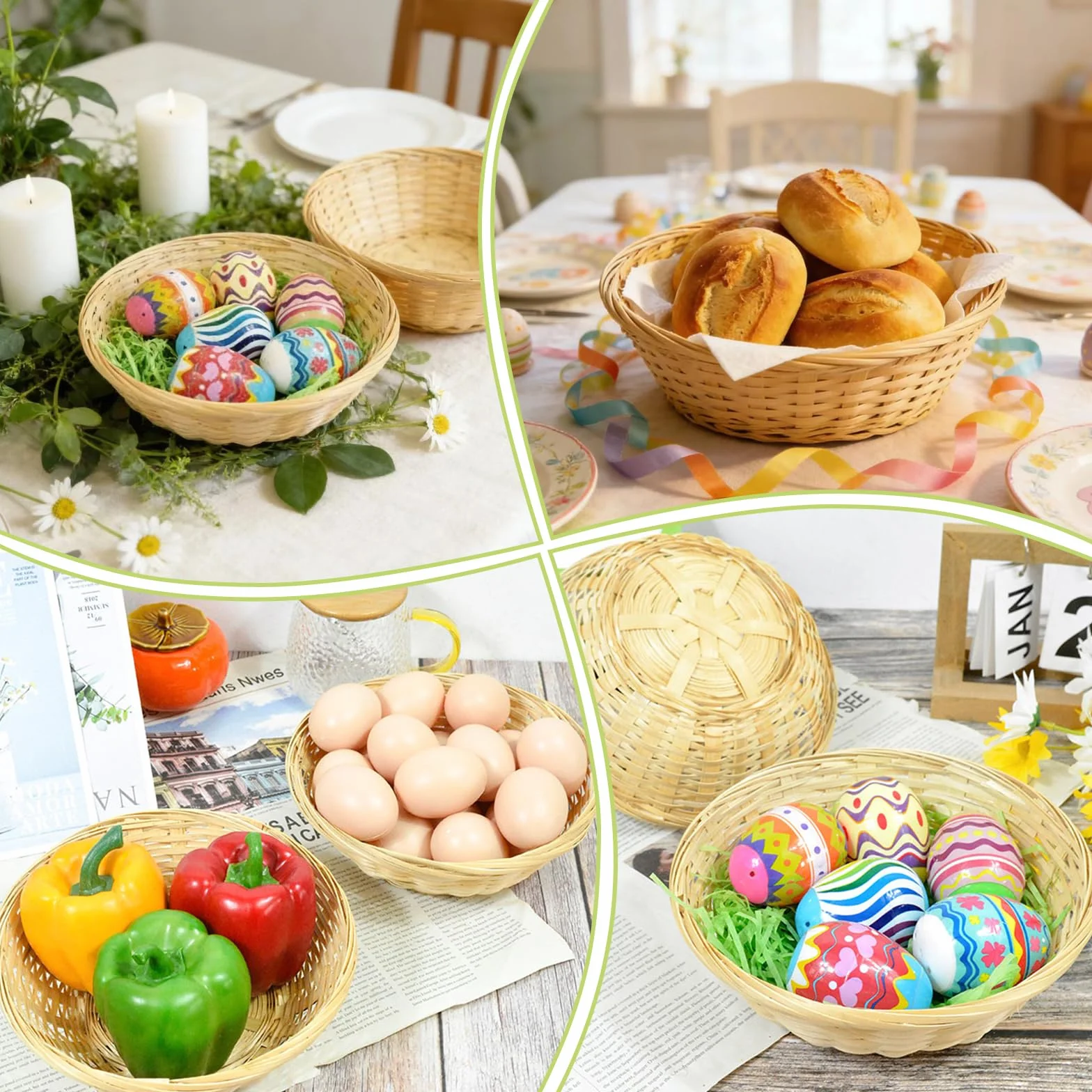 Panier Osier en Bambou Naturel Corbeille de Pâques 5 Pièces Rangement Rond Rustique