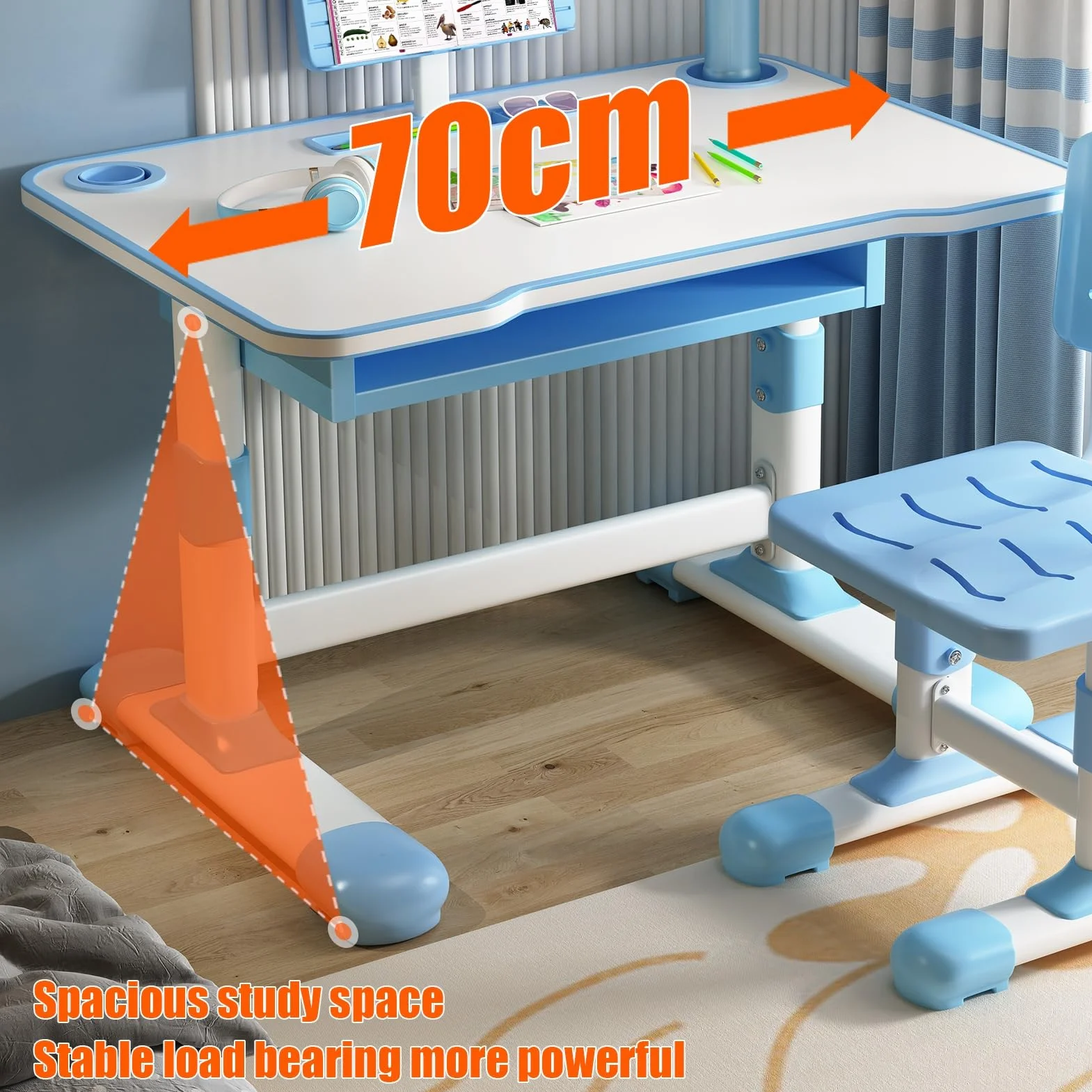 Ensemble bureau et chaise réglable hauteur, support lecture inclinable, tiroir extra large, lampe LED pour enfants 3-18 ans, école, maison, bleu