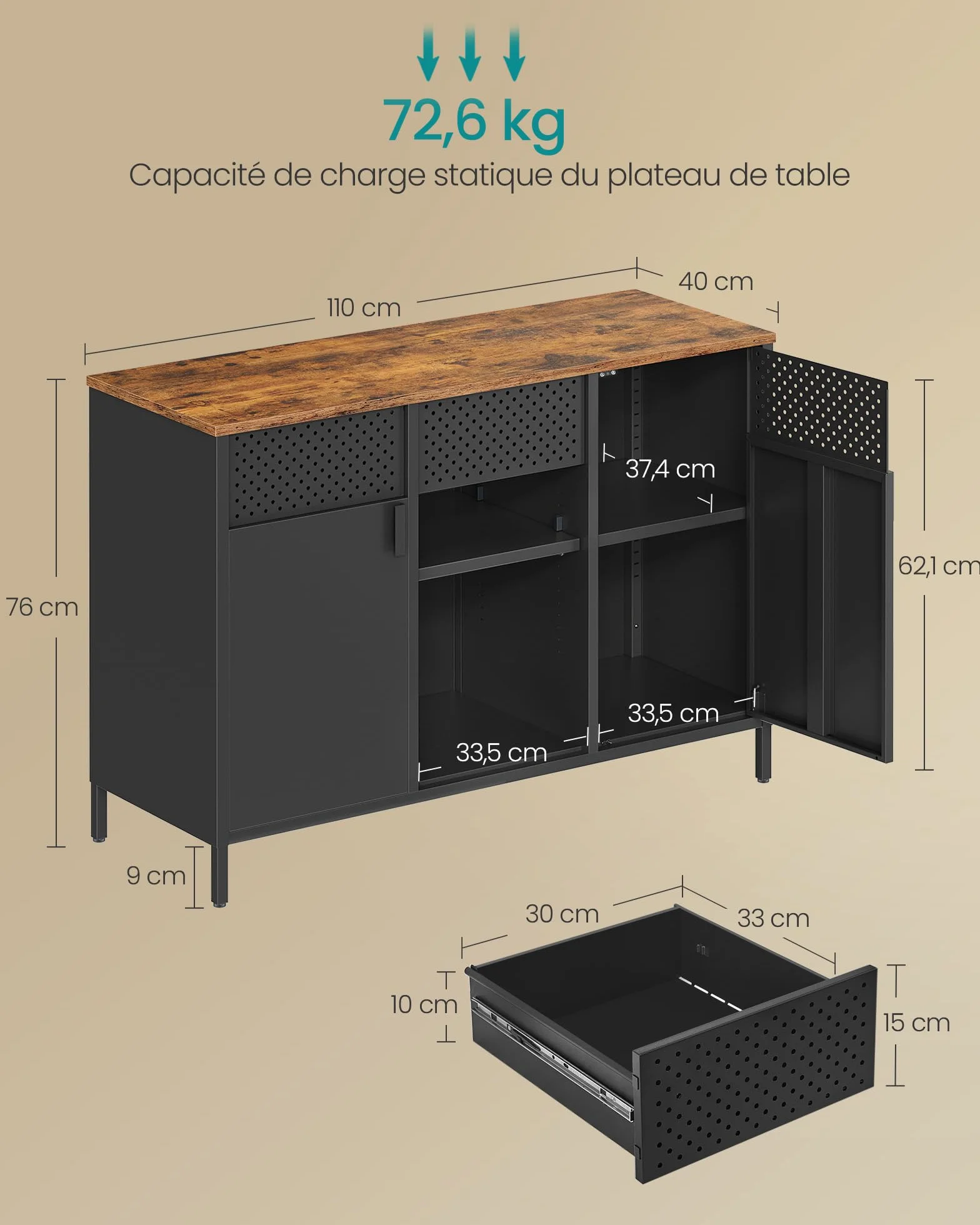 SONGMICS Meuble de Rangement, Buffet, Meuble en Métal, Placard à Double Portes, Fermeture Magnétique, Étagères Réglables, Cadre en Acier, Marron Rustique et Noir Mat LSC204B01