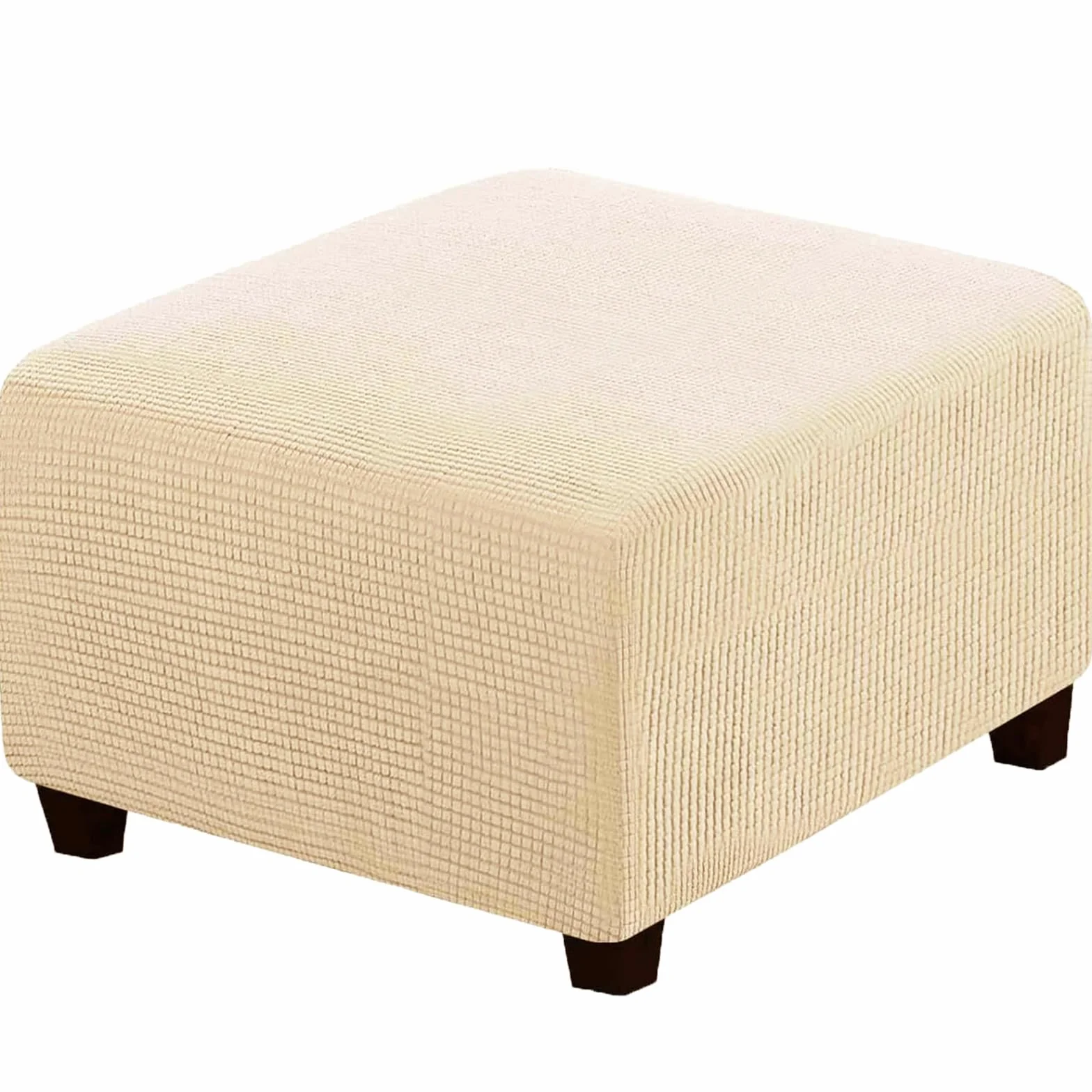 Housse de Pouf Carré en Tissu Jacquard Épais Extensible Amovible et Lavable avec Élastique - Beige Yellow