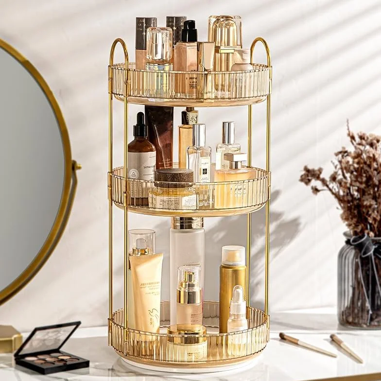 CESTATIVO Organisateur de maquillage, rotatif à 360°, organisateur de cosmétiques, organisateur de soins de la peau pour salle de bain (3 couches, ambre)
