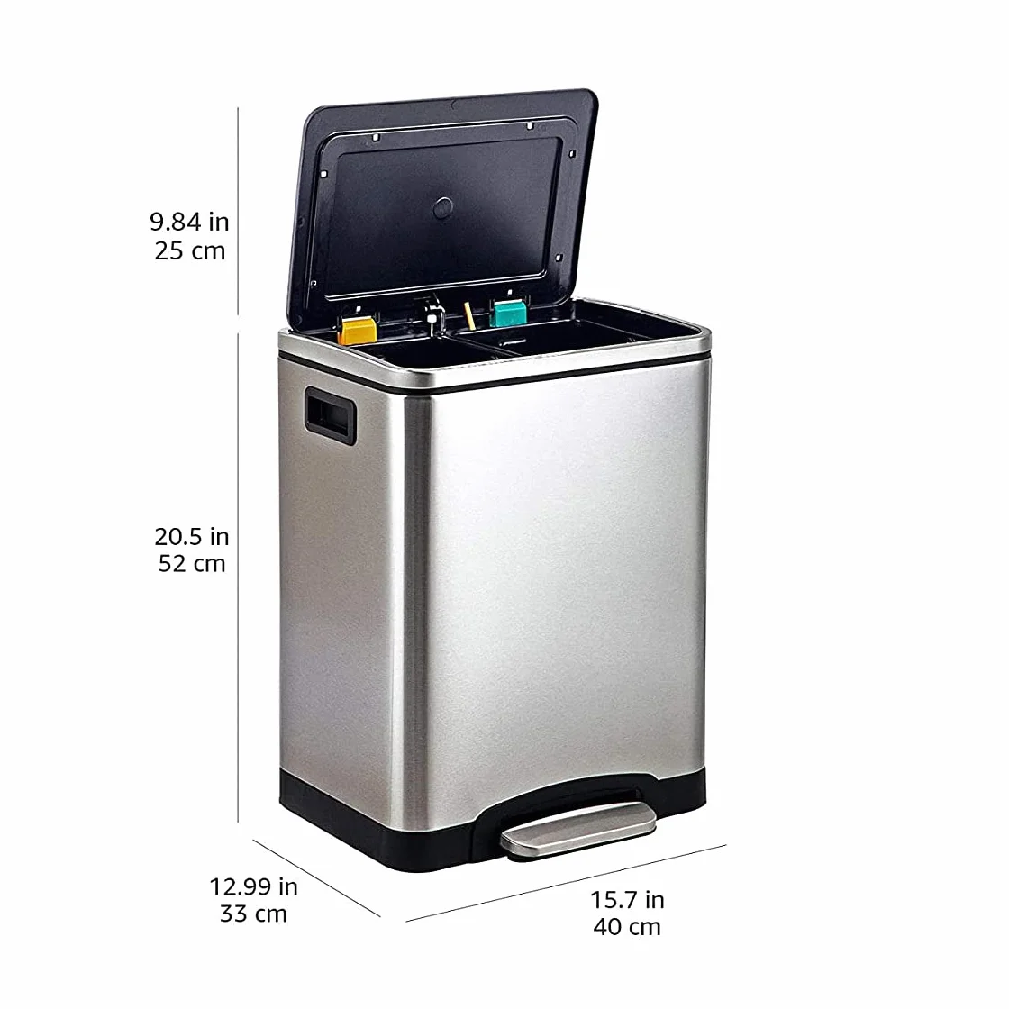 Amazon Basics Poubelle 30 L acier inoxydable avec deux compartiments et pédale, fermeture amortie, rectangulaire satinée