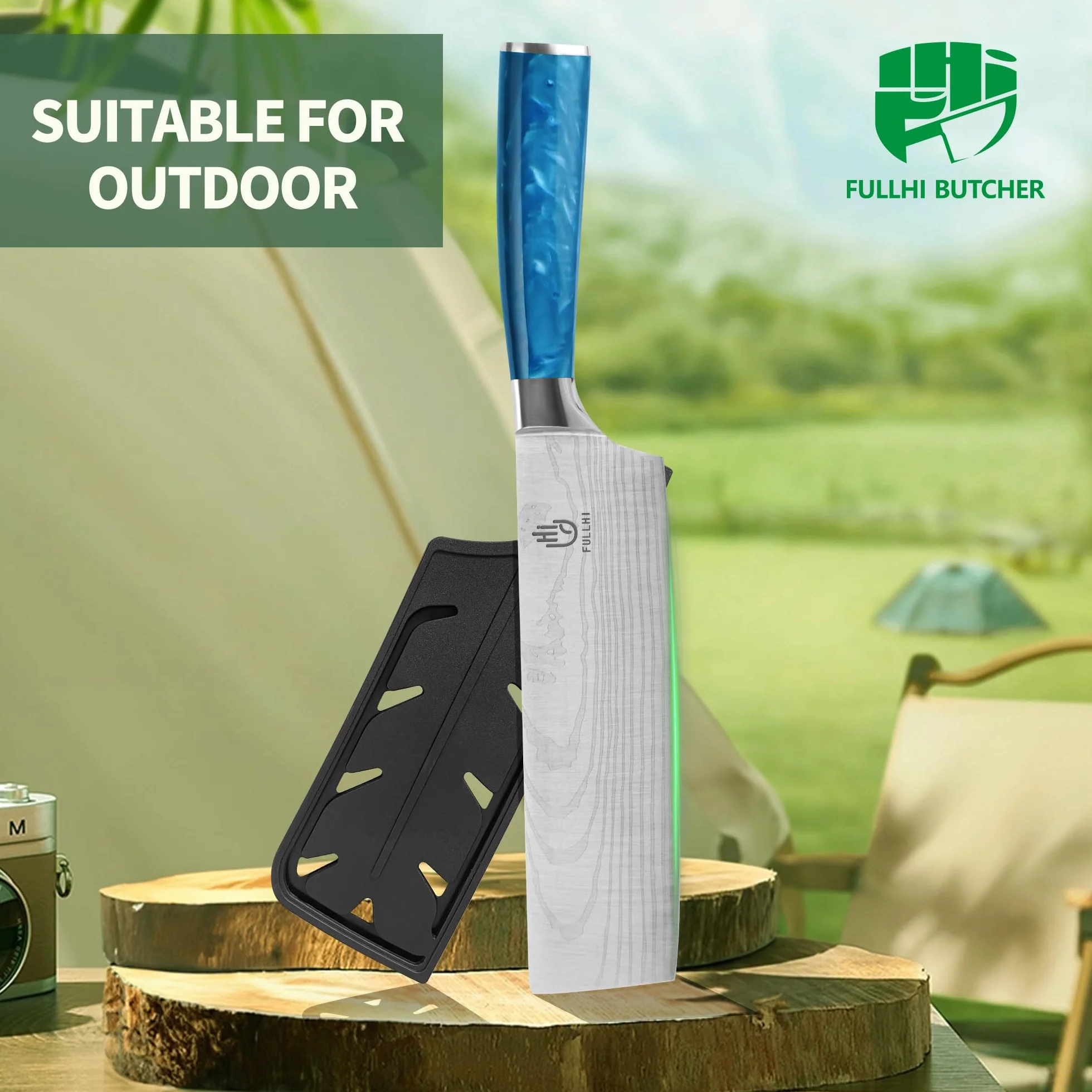 FULLHI Couteau Nakiri, couteau japonais multicolore de 7 pouces avec étui, couteau de cuisine en acier inoxydable pour la cuisson de la viande et des légumes avec protection (Résine bleue)