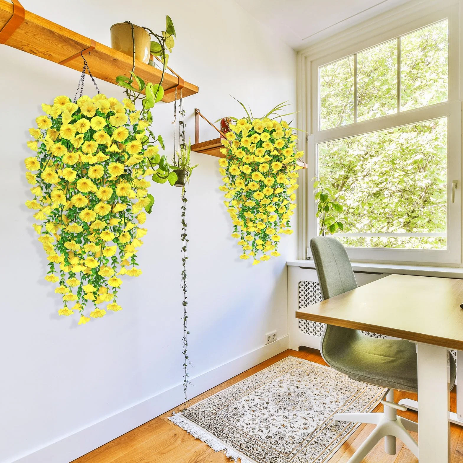 YSUVIN Fleurs Artificielles 2 Pièces Pétunia Plante Suspendue Extérieur Résistant UV Jaune