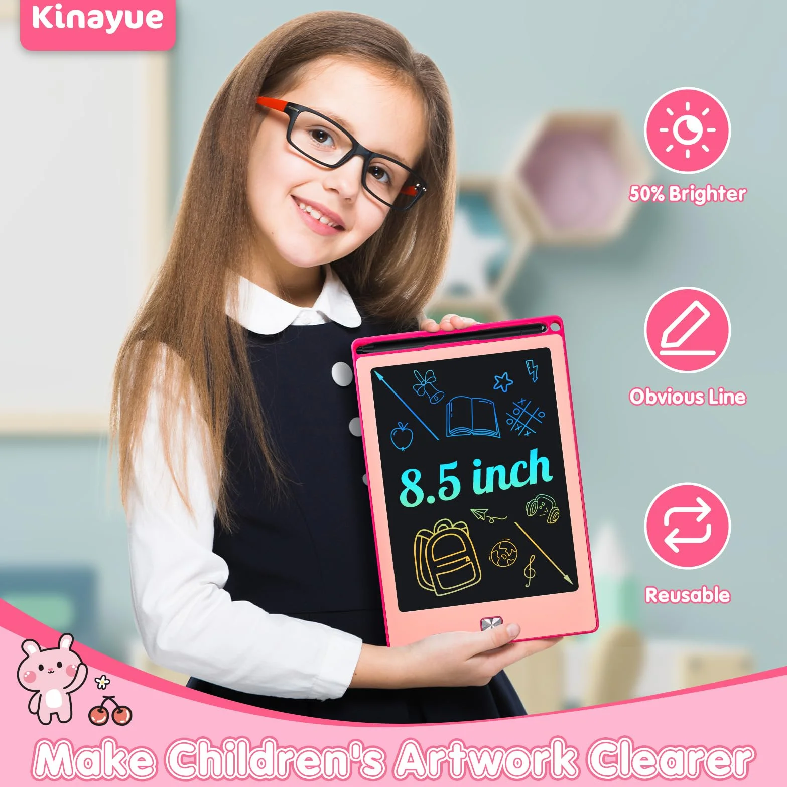Tablette d'écriture LCD 8,5 Pouces, Ardoise Magique Réutilisable pour Enfants 3-10 ans Rose