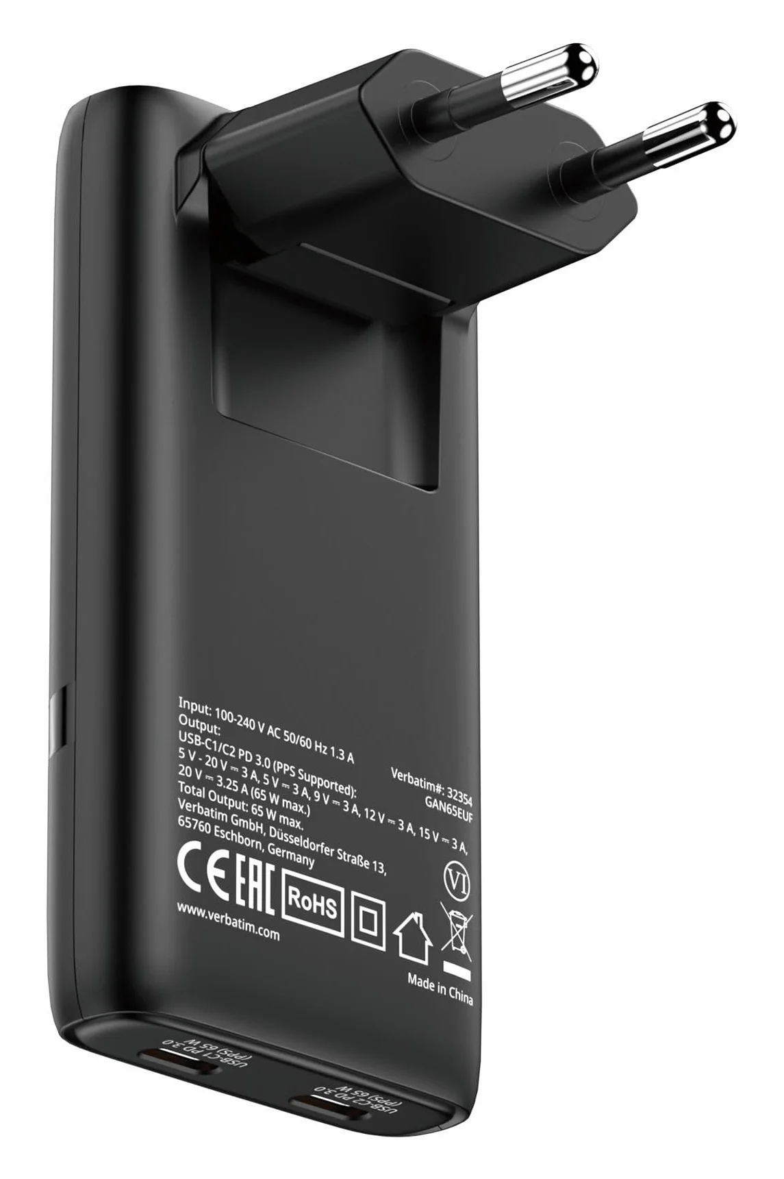 Verbatim Fold 'n' Go GaN Charger ładowarka 65 W, 2 porty USB-C, składana, PD3.0, kompaktowa, szybka ładowarka jako wtyczka wielokrotna do Apple MacBook, notebooka, iPada, iPhone 15 - iPhone 17